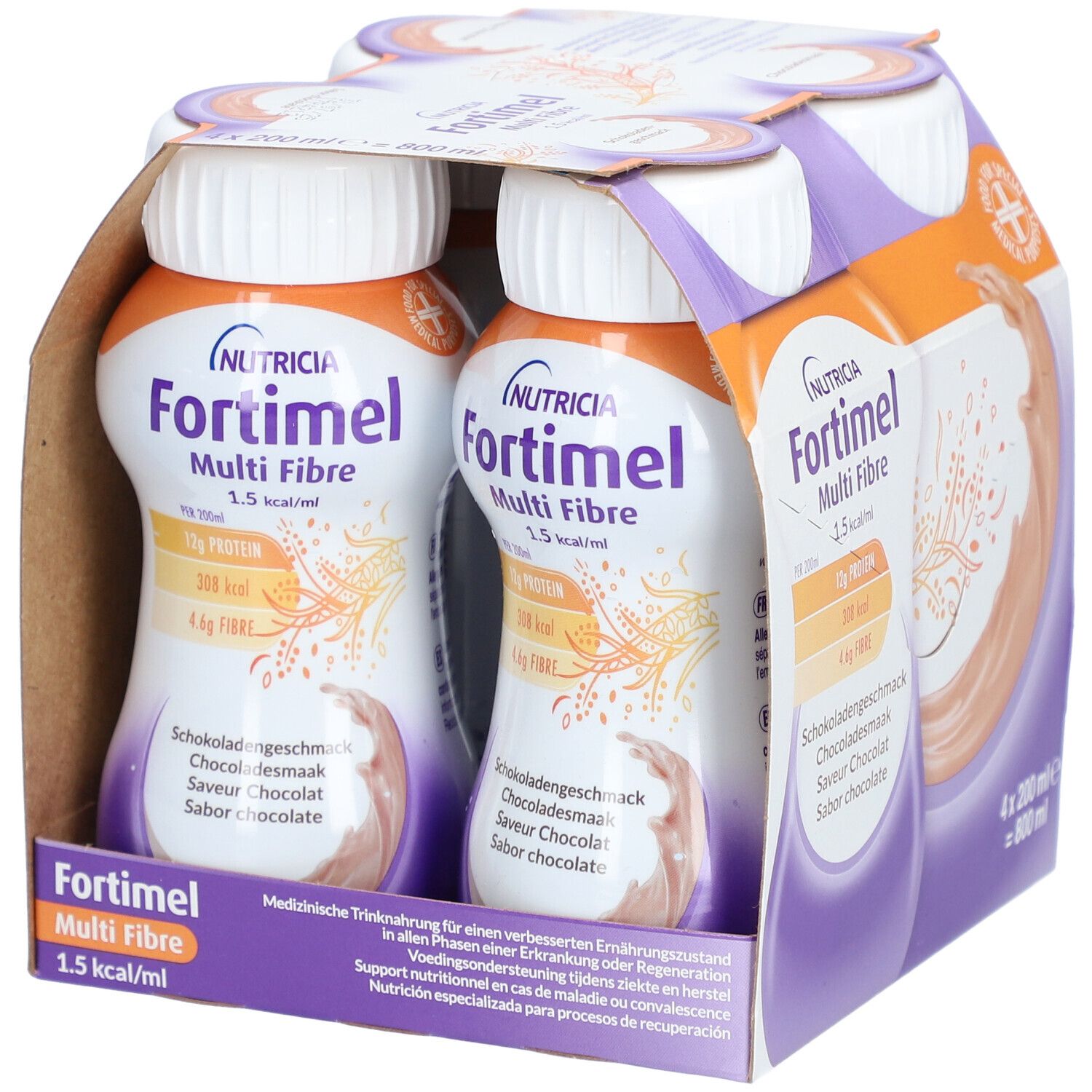 Emballage de quatre bouteilles Fortimel Multi Fibre. Inscriptions : Nutricia, goût chocolat, informations nutritionnelles, 1,5 kcal/ml.