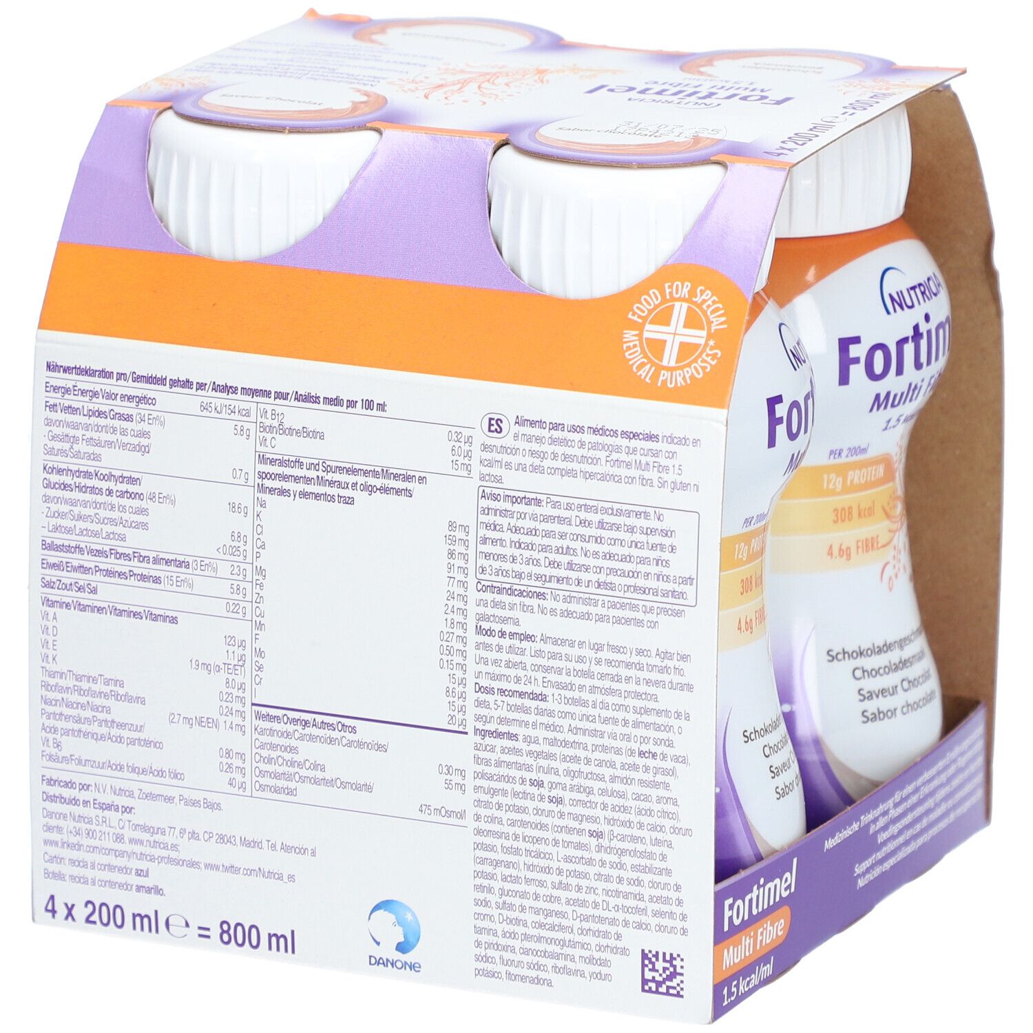 Emballage de quatre bouteilles Fortimel Multi Fibre. Dos avec informations nutritionnelles et autres informations.