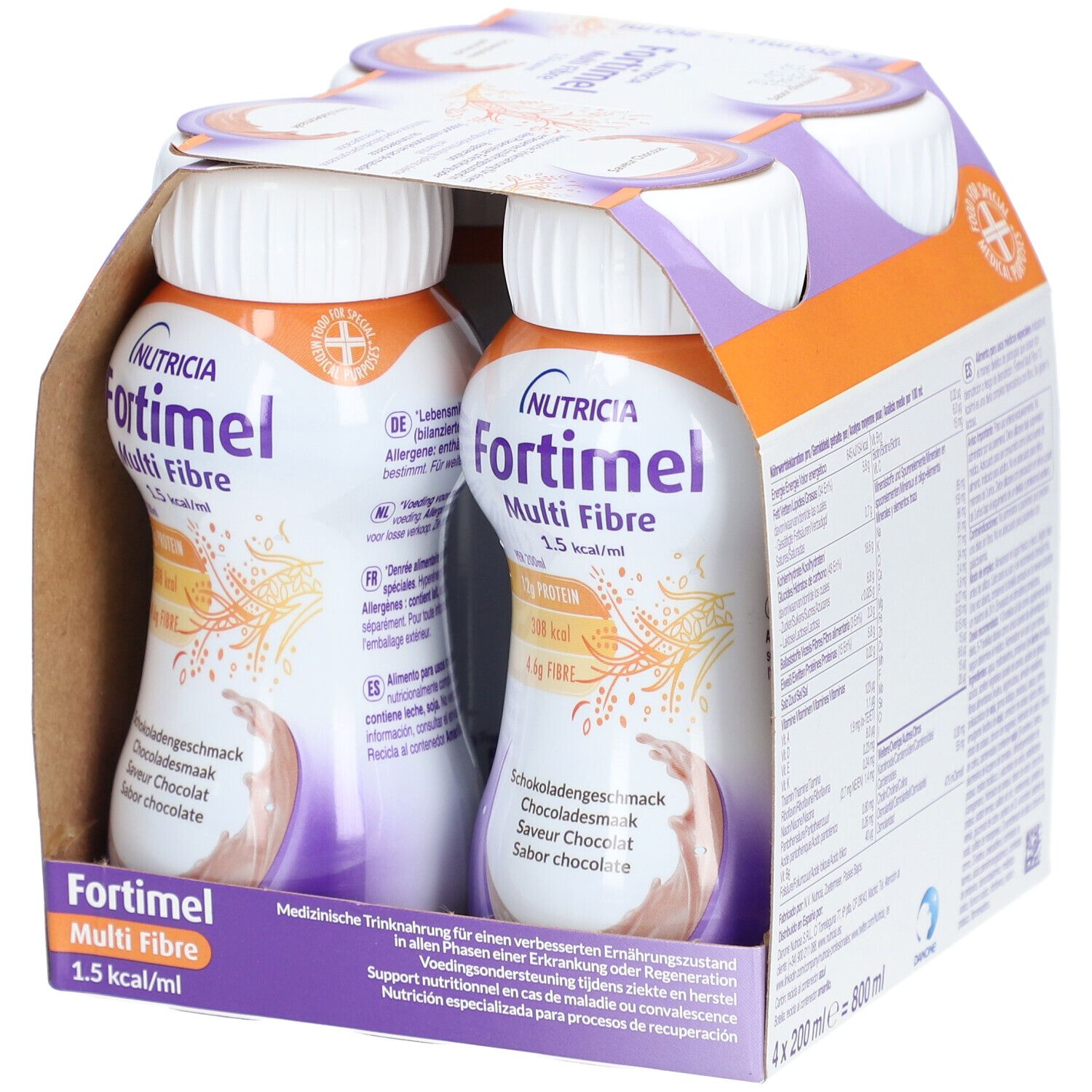 Emballage de quatre bouteilles Fortimel Multi Fibre. Inscriptions : Nutricia, goût chocolat, informations nutritionnelles, 1,5 kcal/ml.