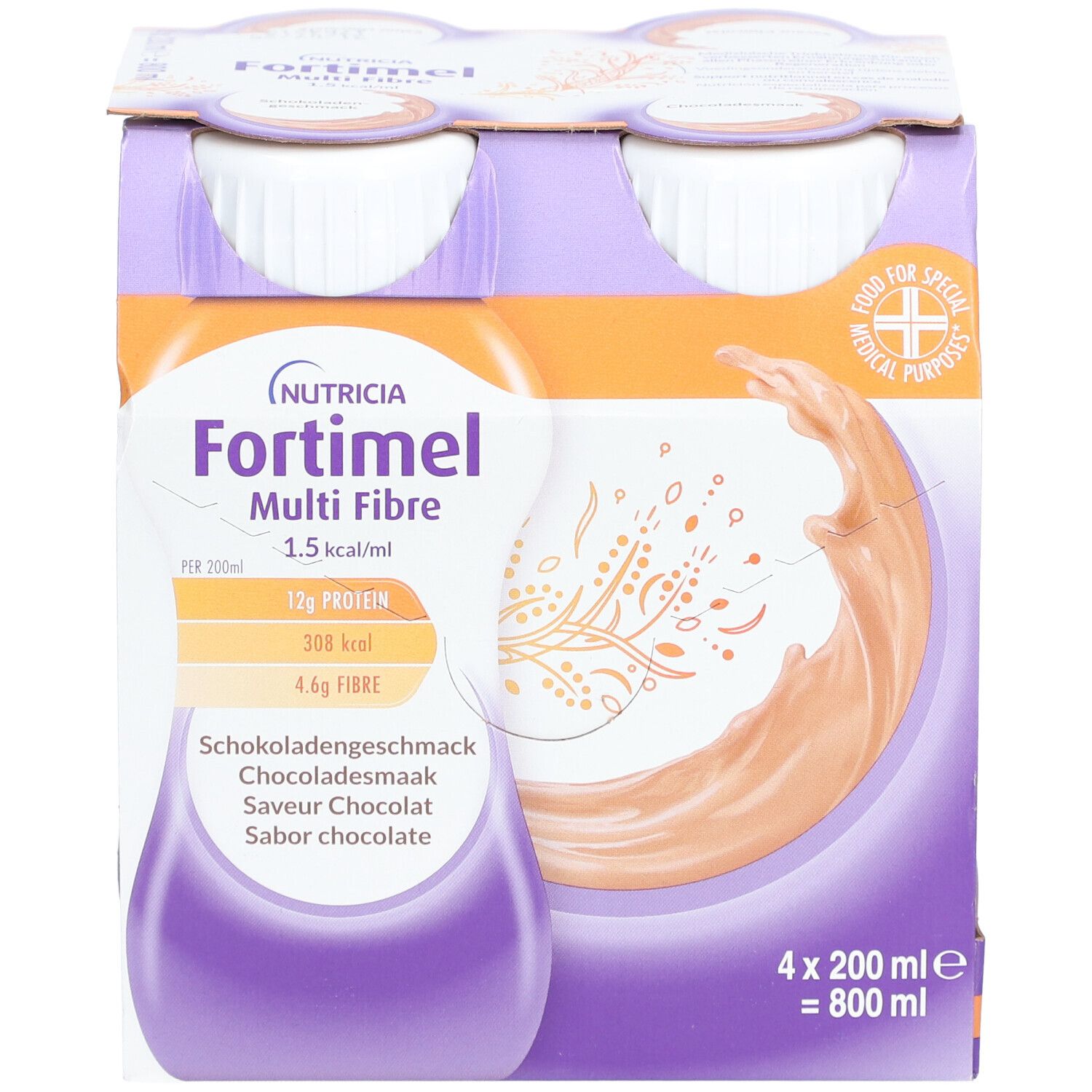 Emballage de quatre bouteilles Fortimel Multi Fibre. Inscriptions : Nutricia, goût chocolat, informations nutritionnelles, 1,5 kcal/ml.