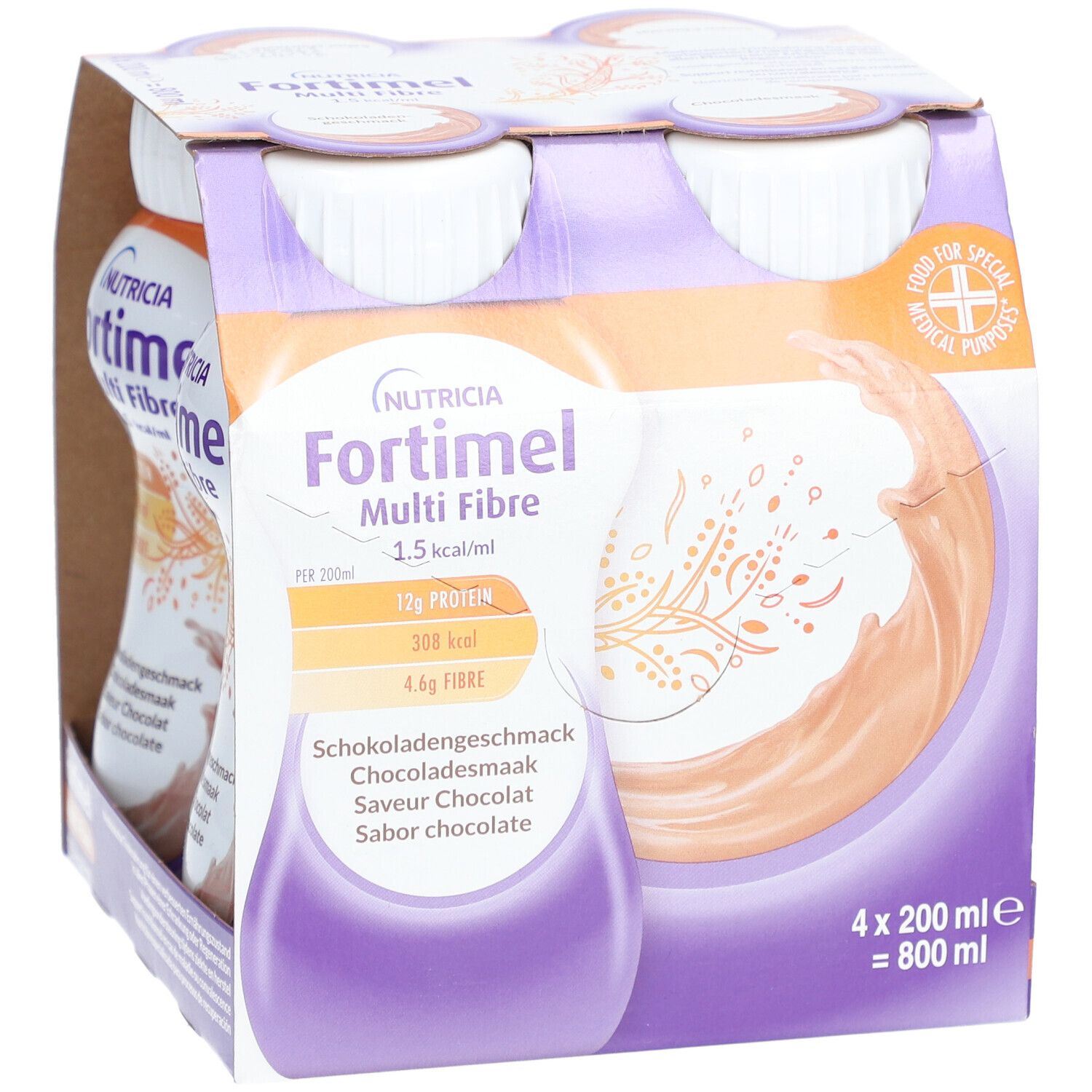 Emballage de quatre bouteilles Fortimel Multi Fibre. Inscriptions : Nutricia, goût chocolat, informations nutritionnelles, 1,5 kcal/ml.
