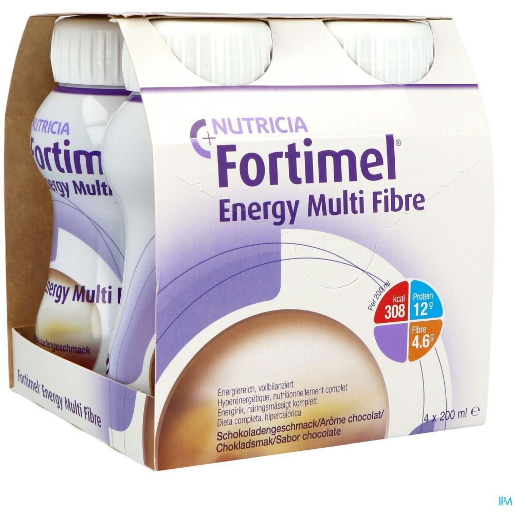 Emballage de quatre bouteilles Fortimel Energy Multi Fibre. Les bouteilles sont emballées dans une boîte en carton.