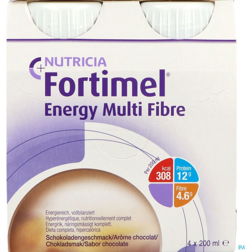 Emballage de quatre bouteilles Fortimel Energy Multi Fibre. Inscriptions : Nutricia, goût chocolat, informations nutritionnelles.