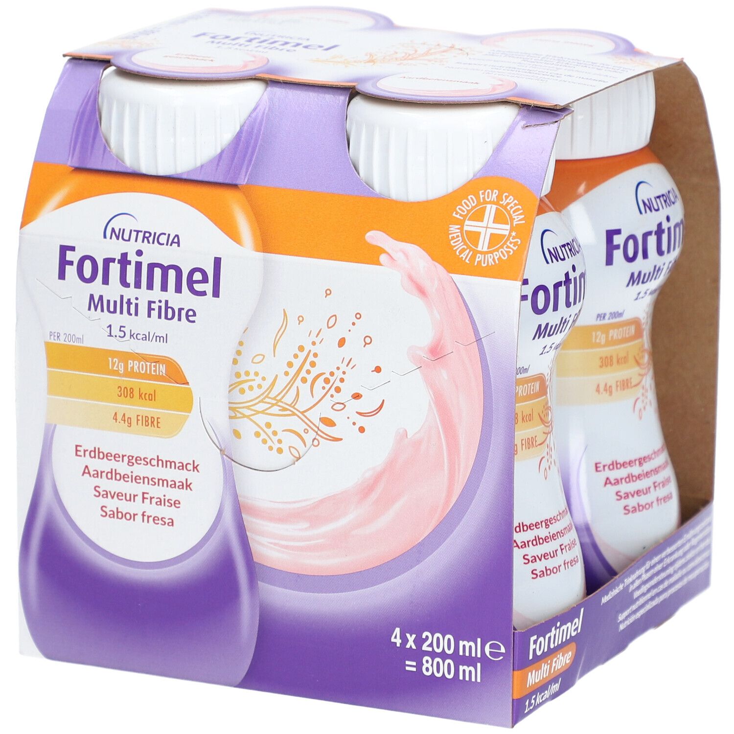 Emballage de quatre bouteilles Fortimel Multi Fibre. Bouteilles à bouchon blanc, liquide rose. Inscriptions: Nutricia, goût fraise, informations nutritionnelles.