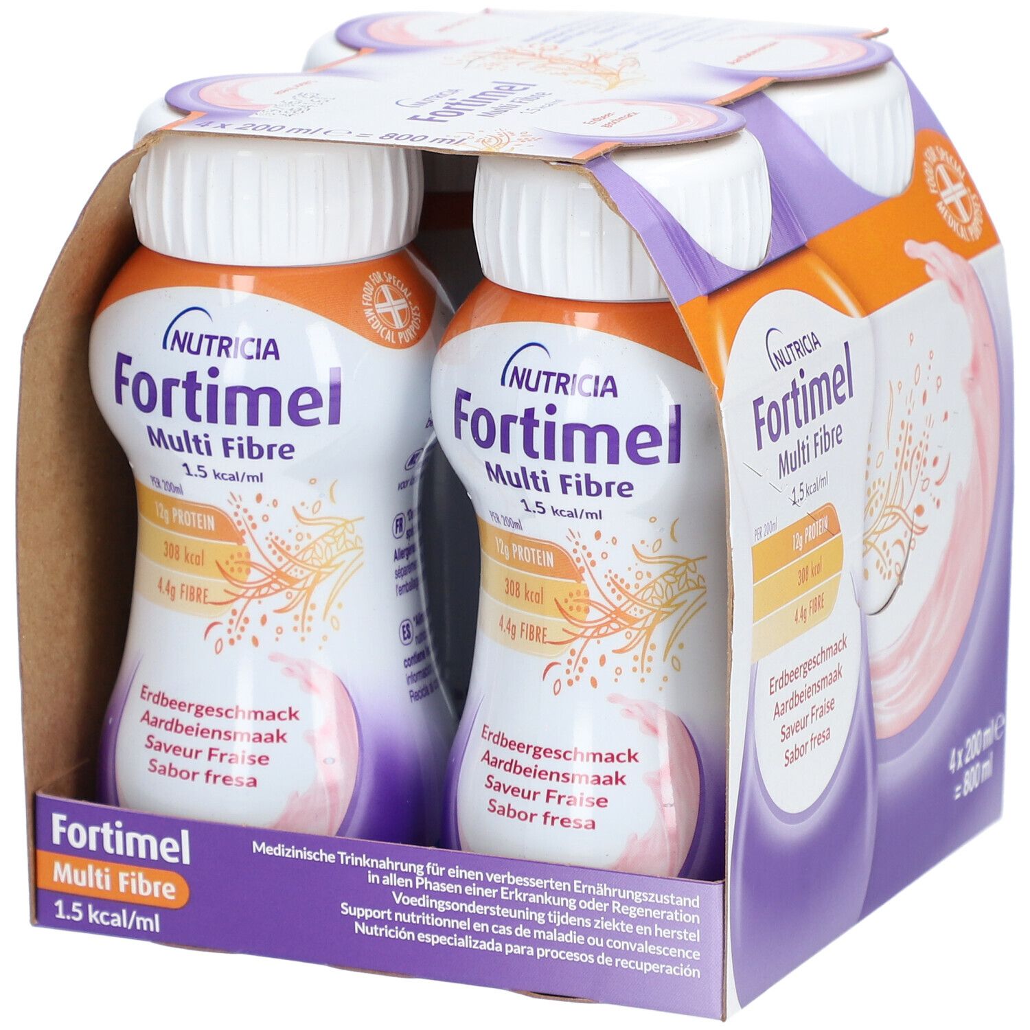 Emballage de quatre bouteilles Fortimel Multi Fibre. Bouteilles à bouchon blanc, liquide rose. Inscriptions: Nutricia, goût fraise, informations nutritionnelles.