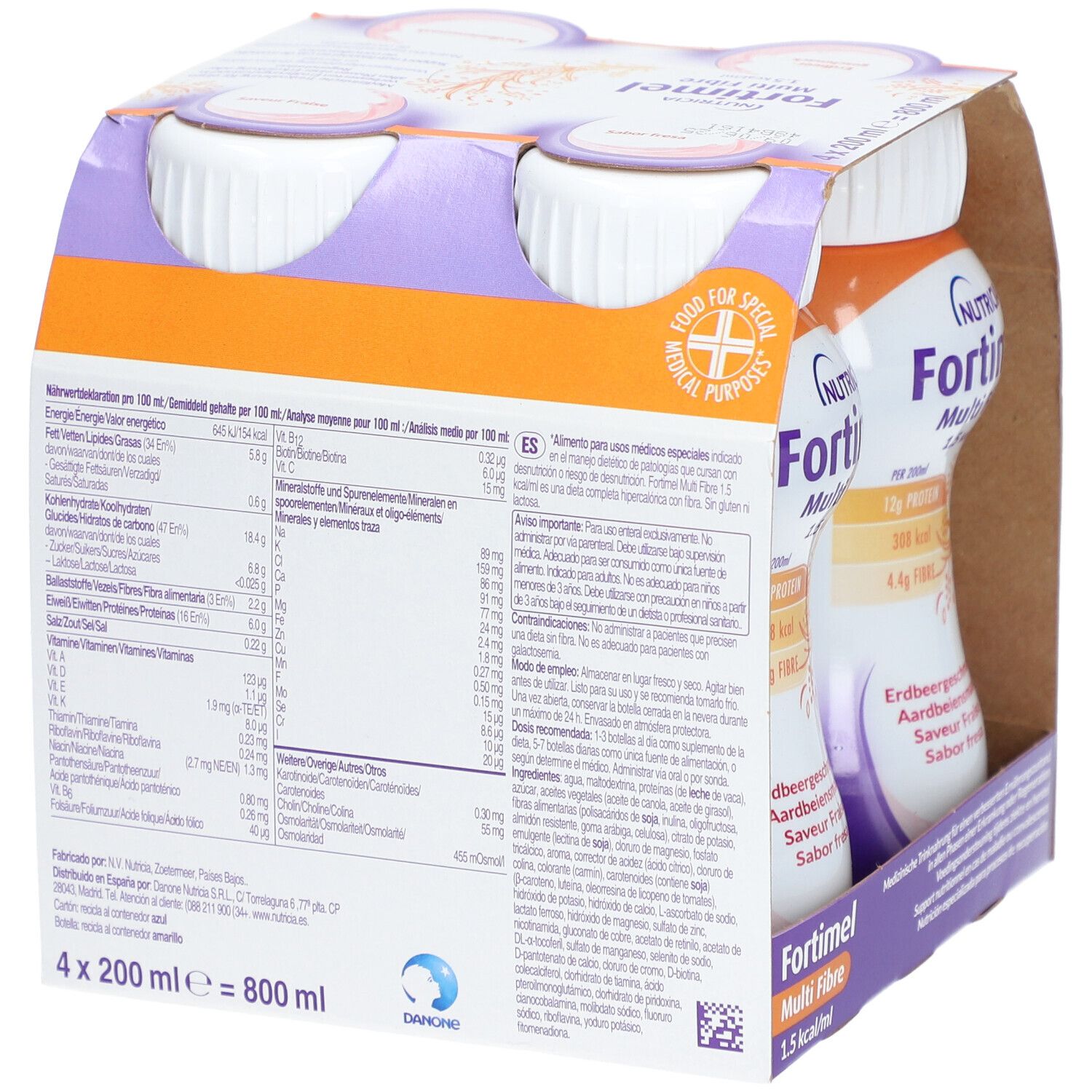 Emballage de quatre bouteilles Fortimel Multi Fibre. Dos avec informations nutritionnelles et ingrédients. Inscriptions: Nutricia, goût fraise.