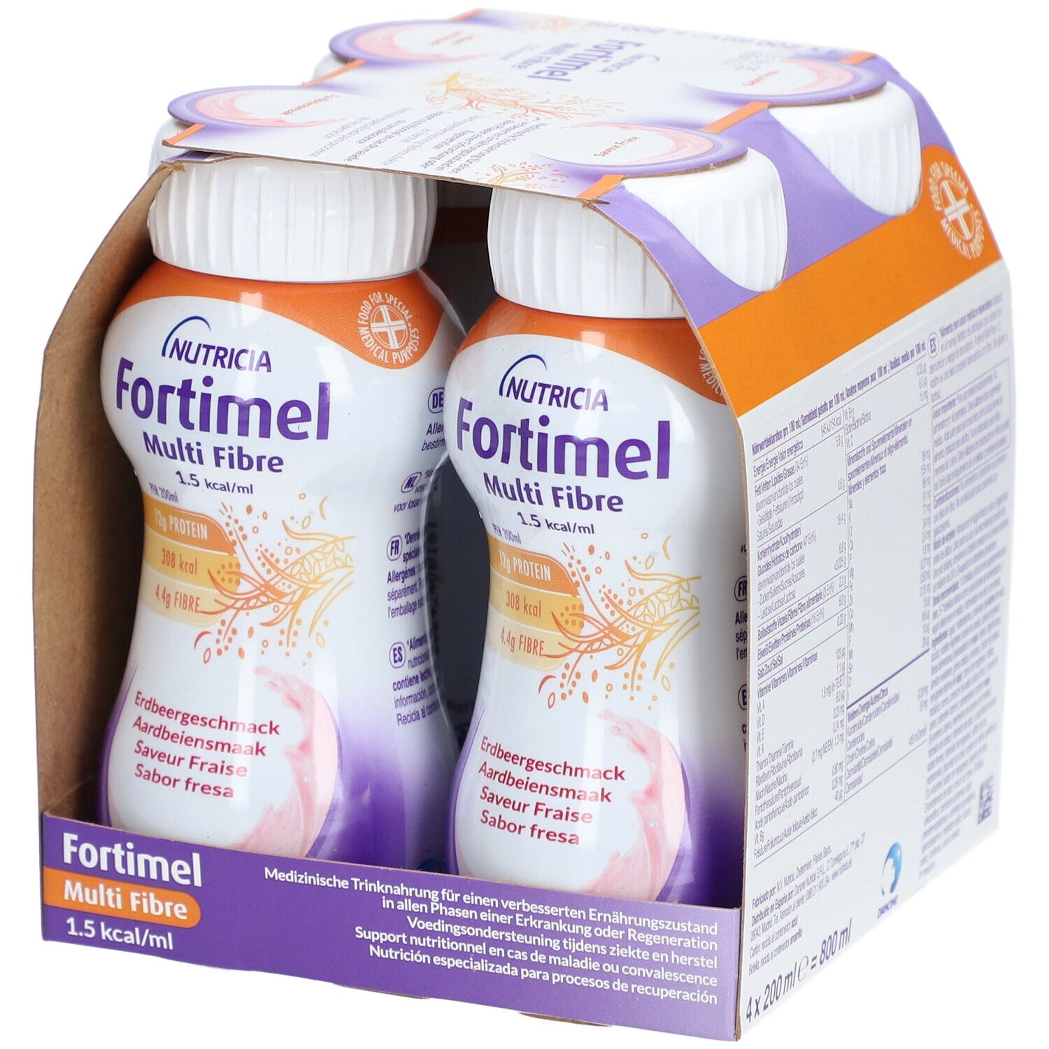 Emballage de quatre bouteilles Fortimel Multi Fibre. Bouteilles à bouchon blanc, liquide rose. Inscriptions: Nutricia, goût fraise, informations nutritionnelles.