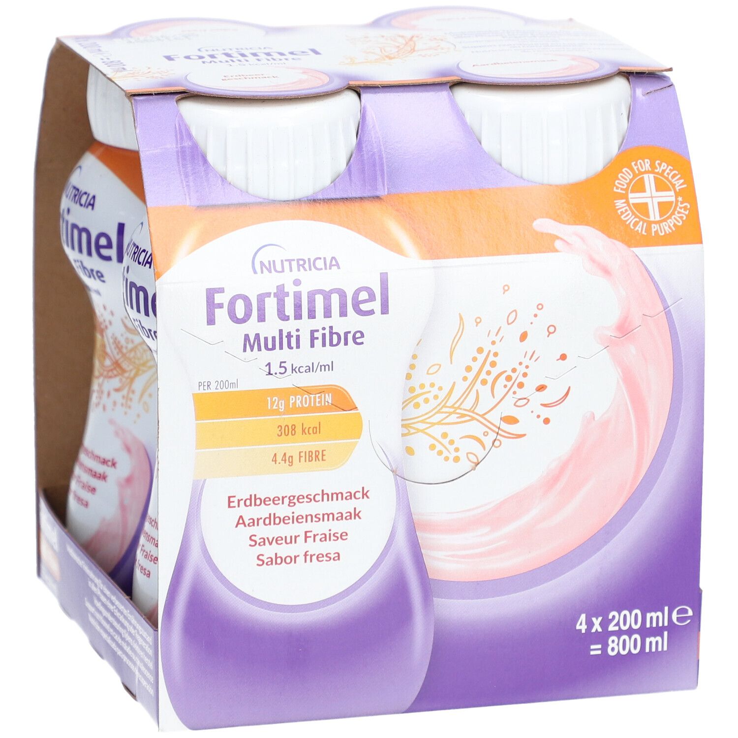 Emballage de quatre bouteilles Fortimel Multi Fibre. Bouteilles à bouchon blanc, liquide rose. Inscriptions: Nutricia, goût fraise, informations nutritionnelles.