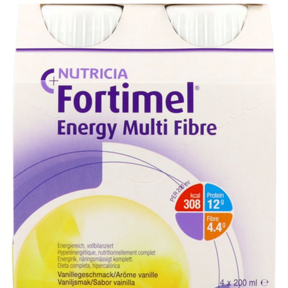 Emballage de Fortimel Energy Multi Fibre. 4 bouteilles, goût vanille. Contient des informations nutritionnelles.