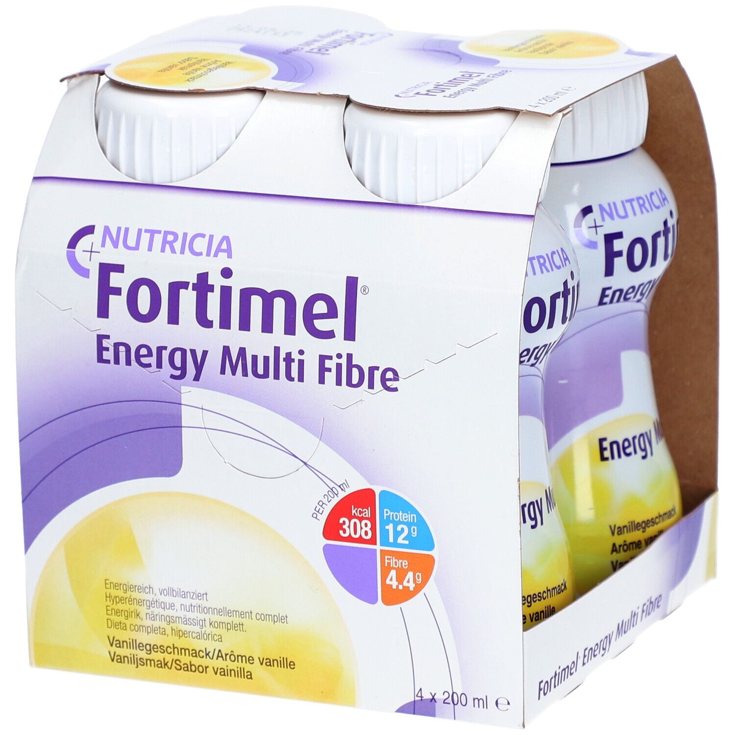 Paquet de 4 bouteilles Fortimel Energy Multi Fibre. Goût vanille. Présenté dans un emballage en carton.
