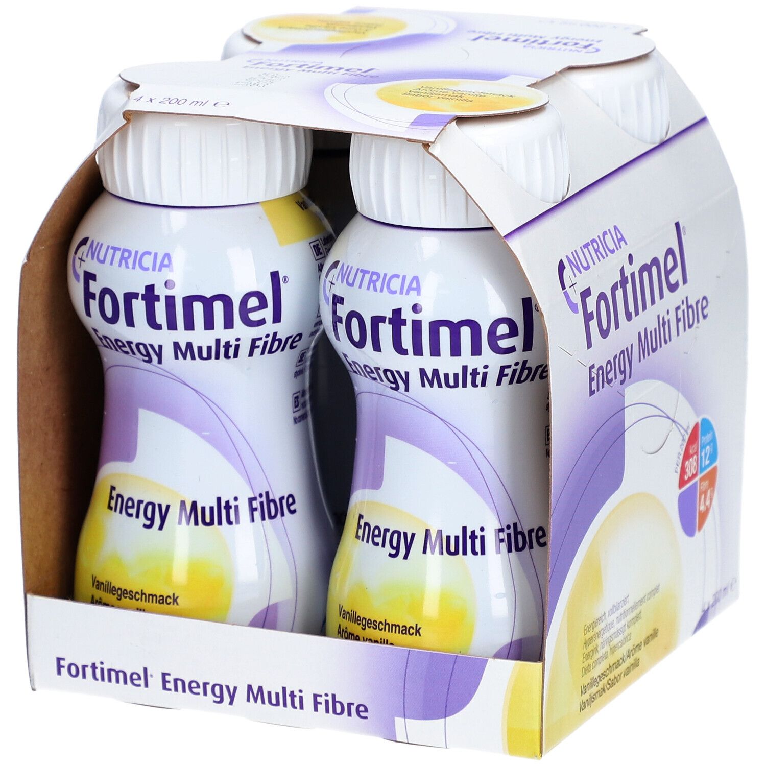 Paquet de 4 bouteilles Fortimel Energy Multi Fibre. Goût vanille. Présenté dans un emballage en carton.