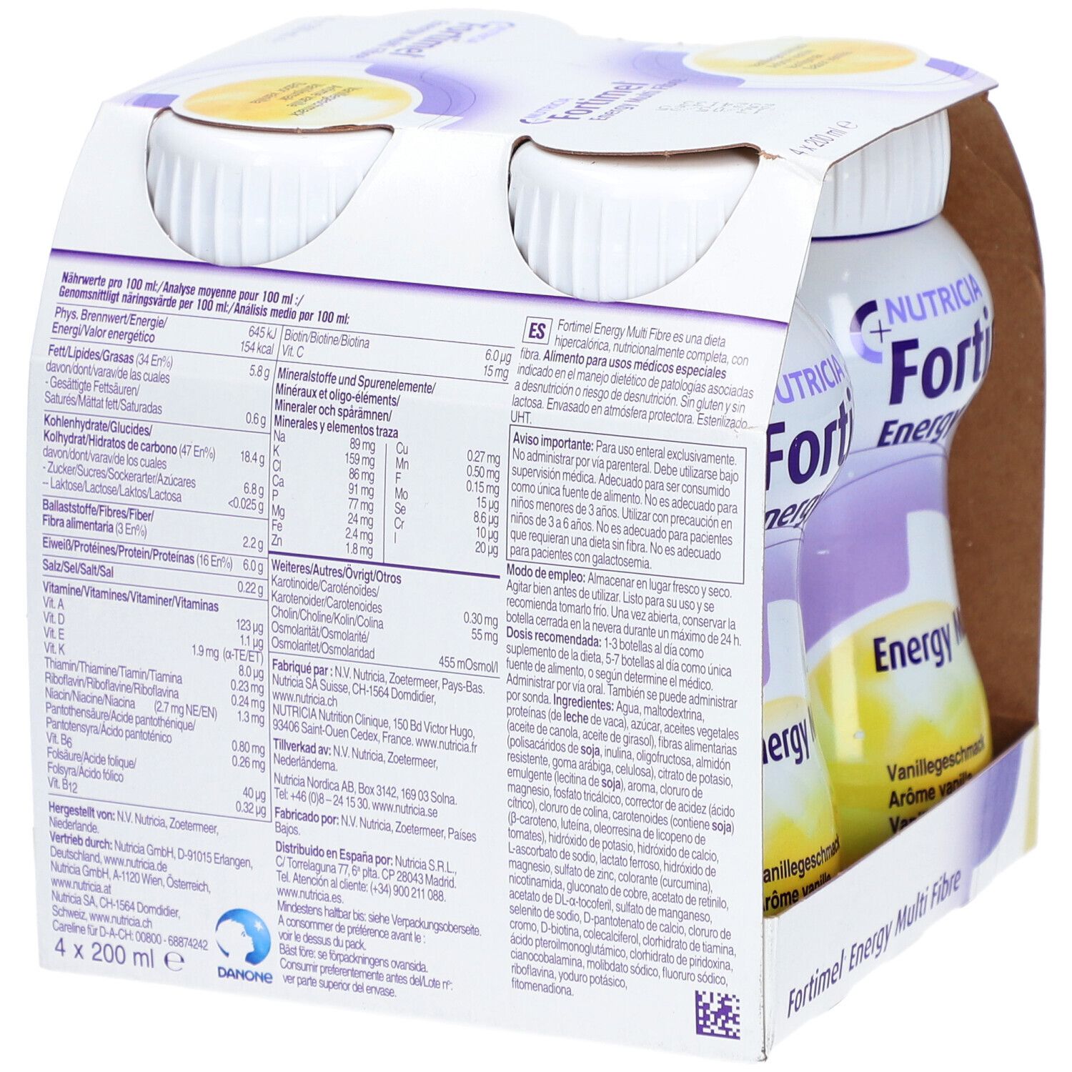 Dos de l'emballage de Fortimel Energy Multi Fibre. Contient des informations nutritionnelles et des ingrédients.