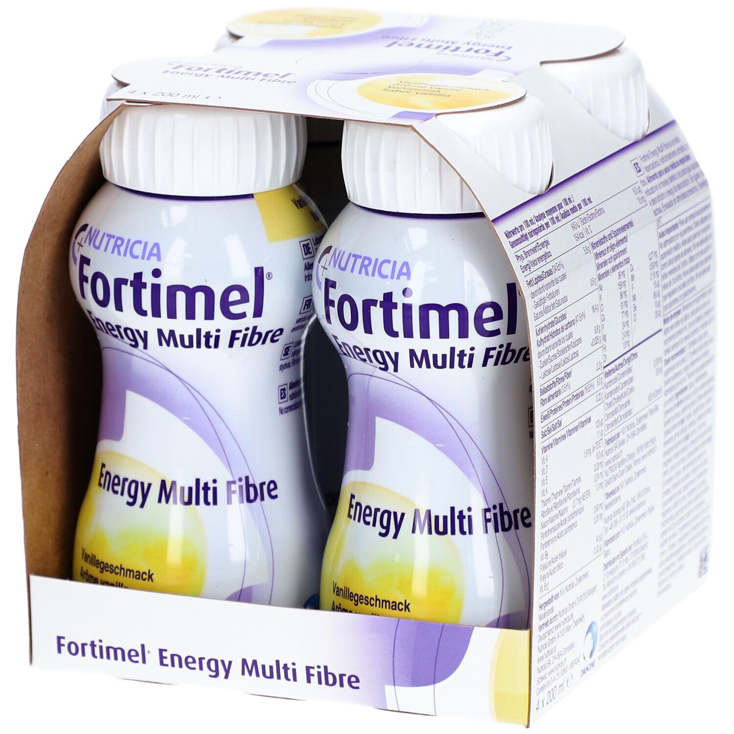 Paquet de 4 bouteilles Fortimel Energy Multi Fibre. Goût vanille. Présenté dans un emballage en carton.