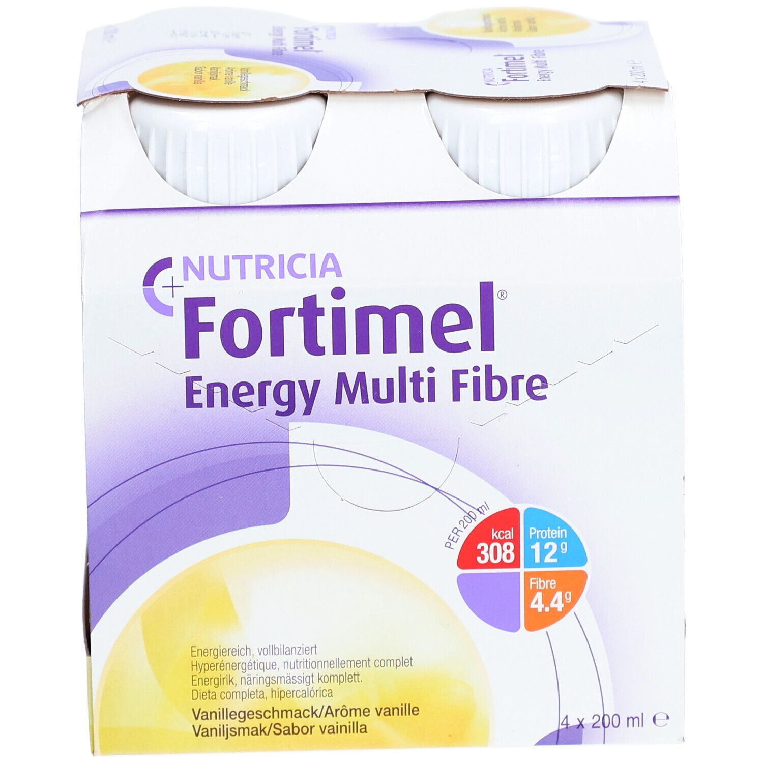 Emballage de Fortimel Energy Multi Fibre. 4 bouteilles, goût vanille. Contient des informations nutritionnelles.