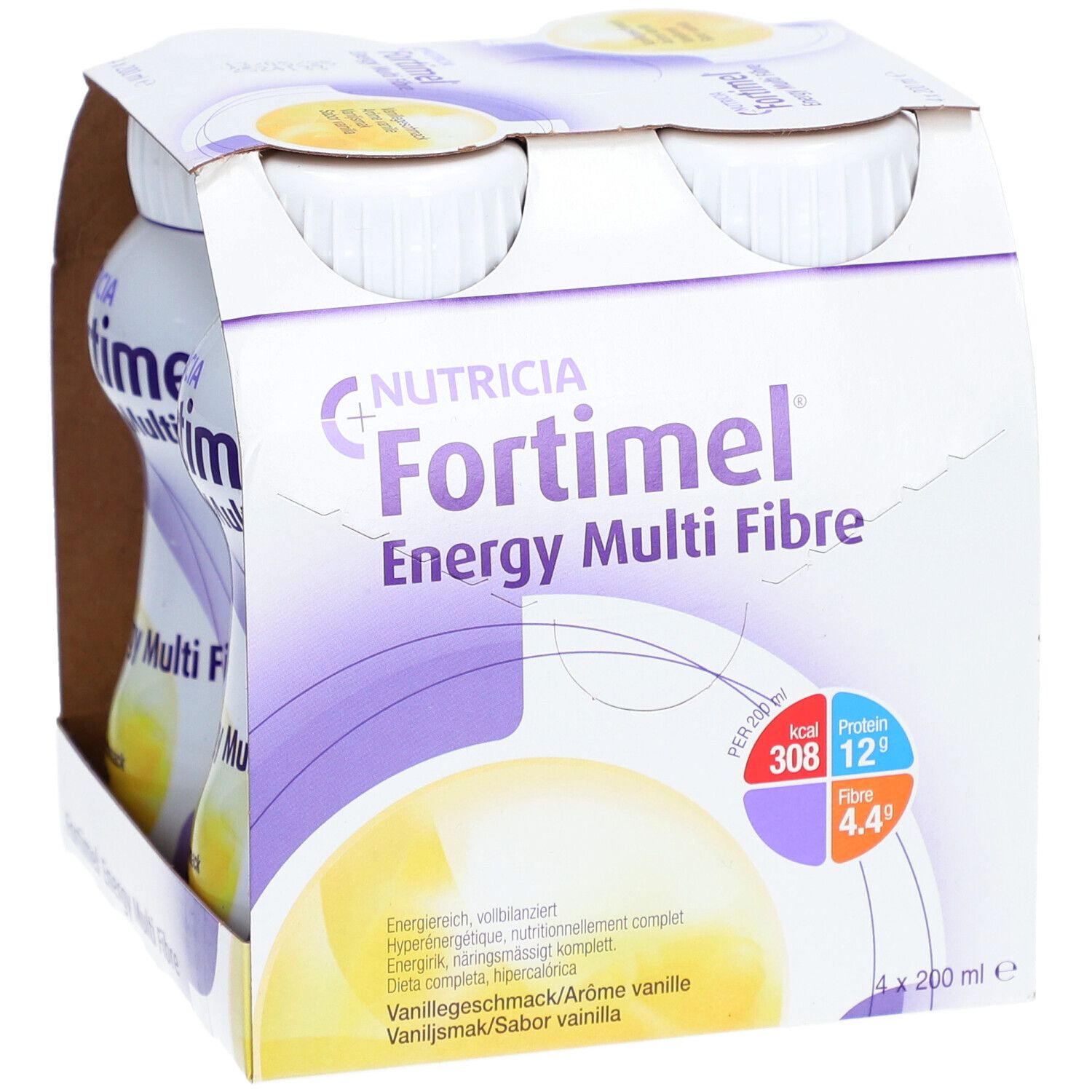 Paquet de 4 bouteilles Fortimel Energy Multi Fibre. Goût vanille. Présenté dans un emballage en carton.
