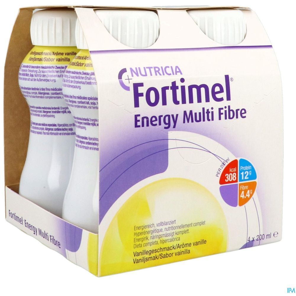 Paquet de 4 bouteilles Fortimel Energy Multi Fibre. Goût vanille. Présenté dans un emballage en carton.