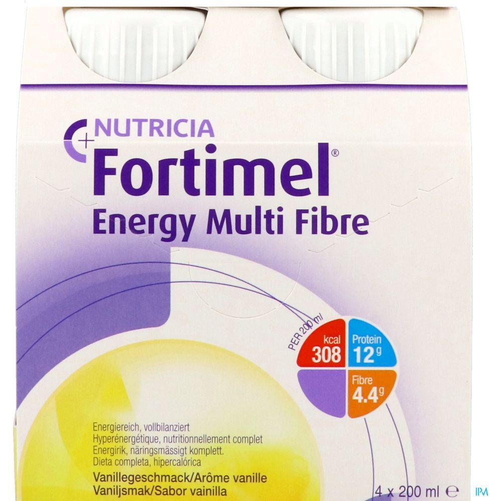 Emballage de Fortimel Energy Multi Fibre. 4 bouteilles, goût vanille. Contient des informations nutritionnelles.