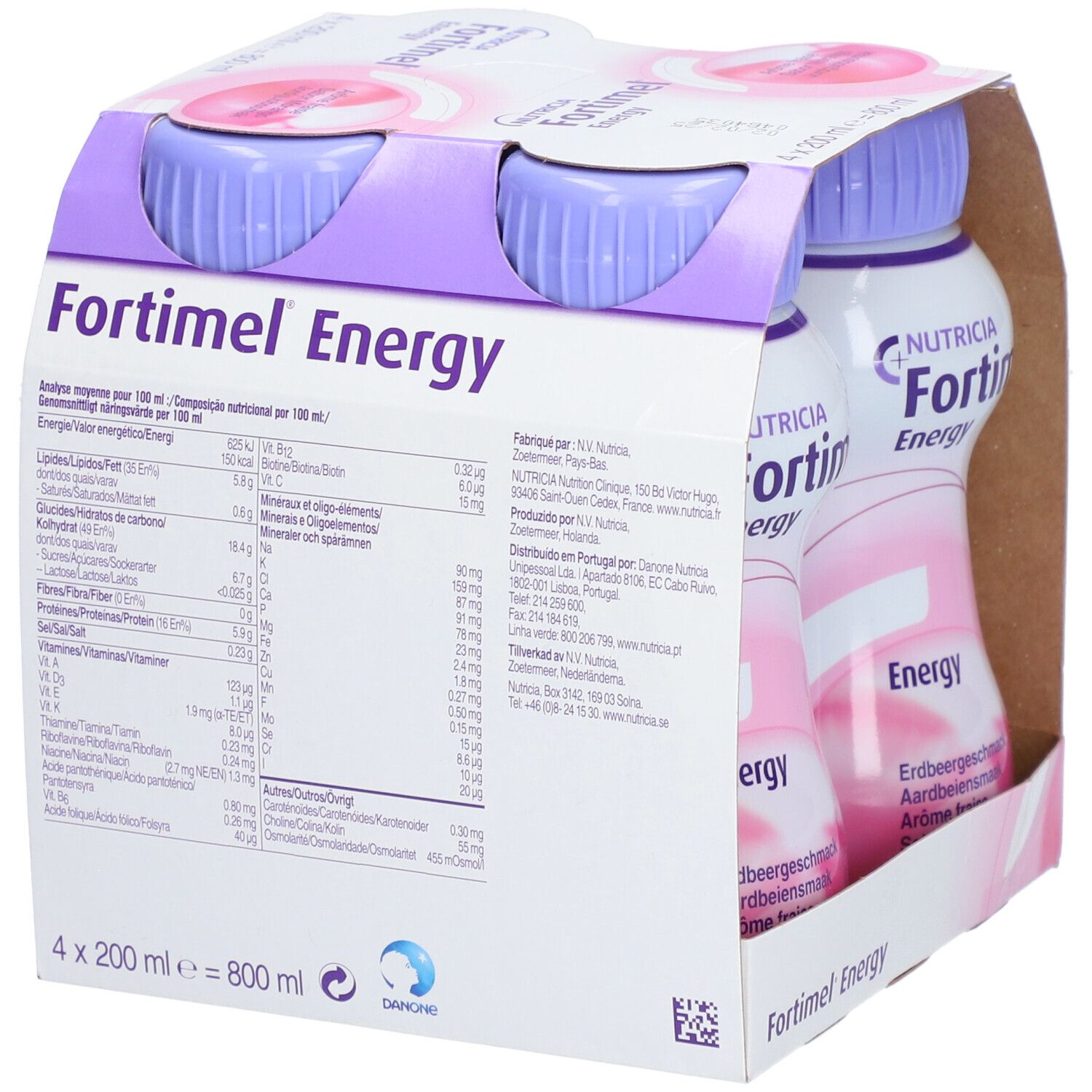 Emballage de quatre bouteilles Fortimel Energy. Inscription: Nutricia, Energy, 300 kcal, 12g protéines. Saveur: Fraise. Bouteilles en carton.
