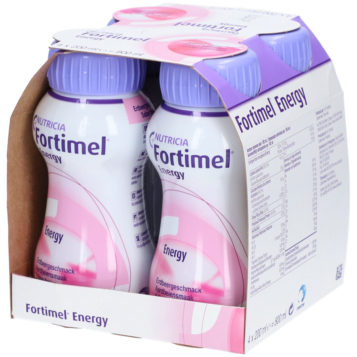 Emballage de quatre bouteilles Fortimel Energy. Inscription: Nutricia, Energy, 300 kcal, 12g protéines. Saveur: Fraise. Bouteilles en carton.
