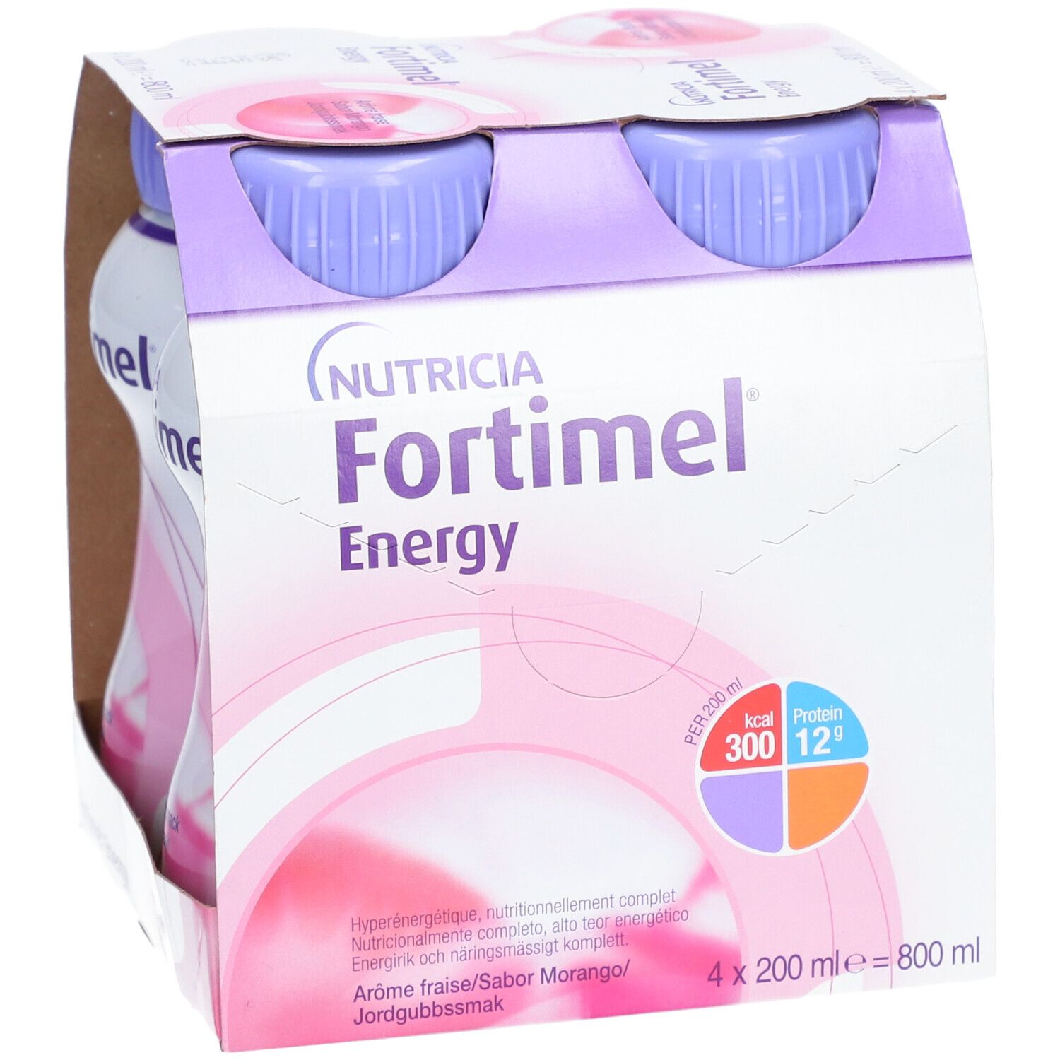 Emballage de quatre bouteilles Fortimel Energy. Inscription: Nutricia, Energy, 300 kcal, 12g protéines. Saveur: Fraise. Bouteilles en carton.