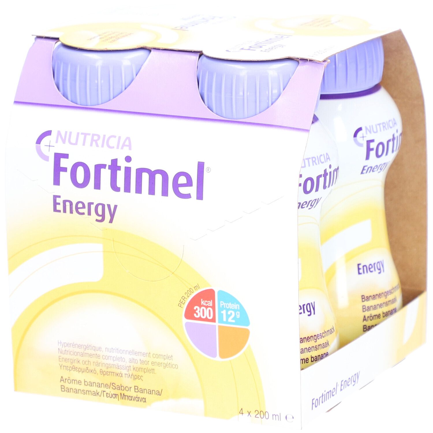 Emballage avec trois bouteilles Fortimel Energy Banane. Inscription : Nutricia, Energy, 300 kcal, 12g protéines.