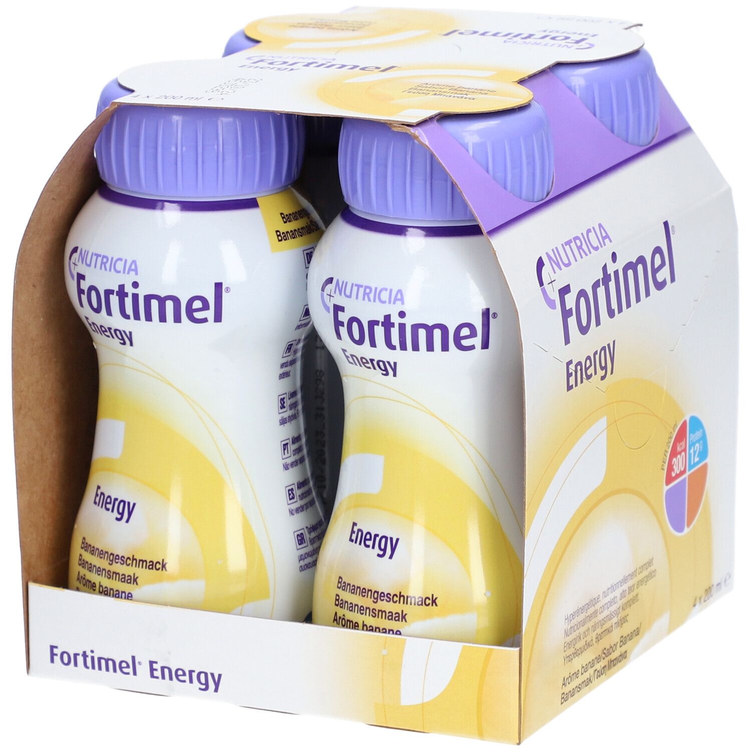 Emballage avec deux bouteilles Fortimel Energy Banane. Inscription : Nutricia, Energy, 300 kcal, 12g protéines.