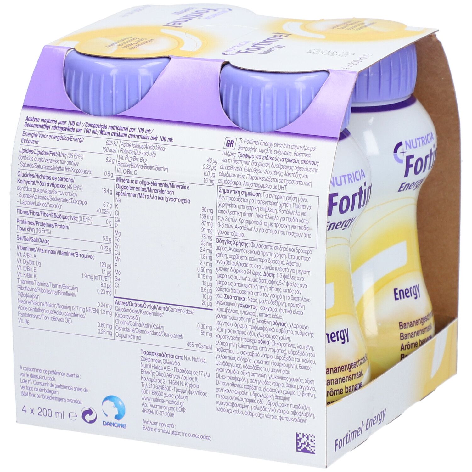 Emballage avec trois bouteilles Fortimel Energy Banane. Inscription : Nutricia, Energy, 300 kcal, 12g protéines. Dos avec informations nutritionnelles.