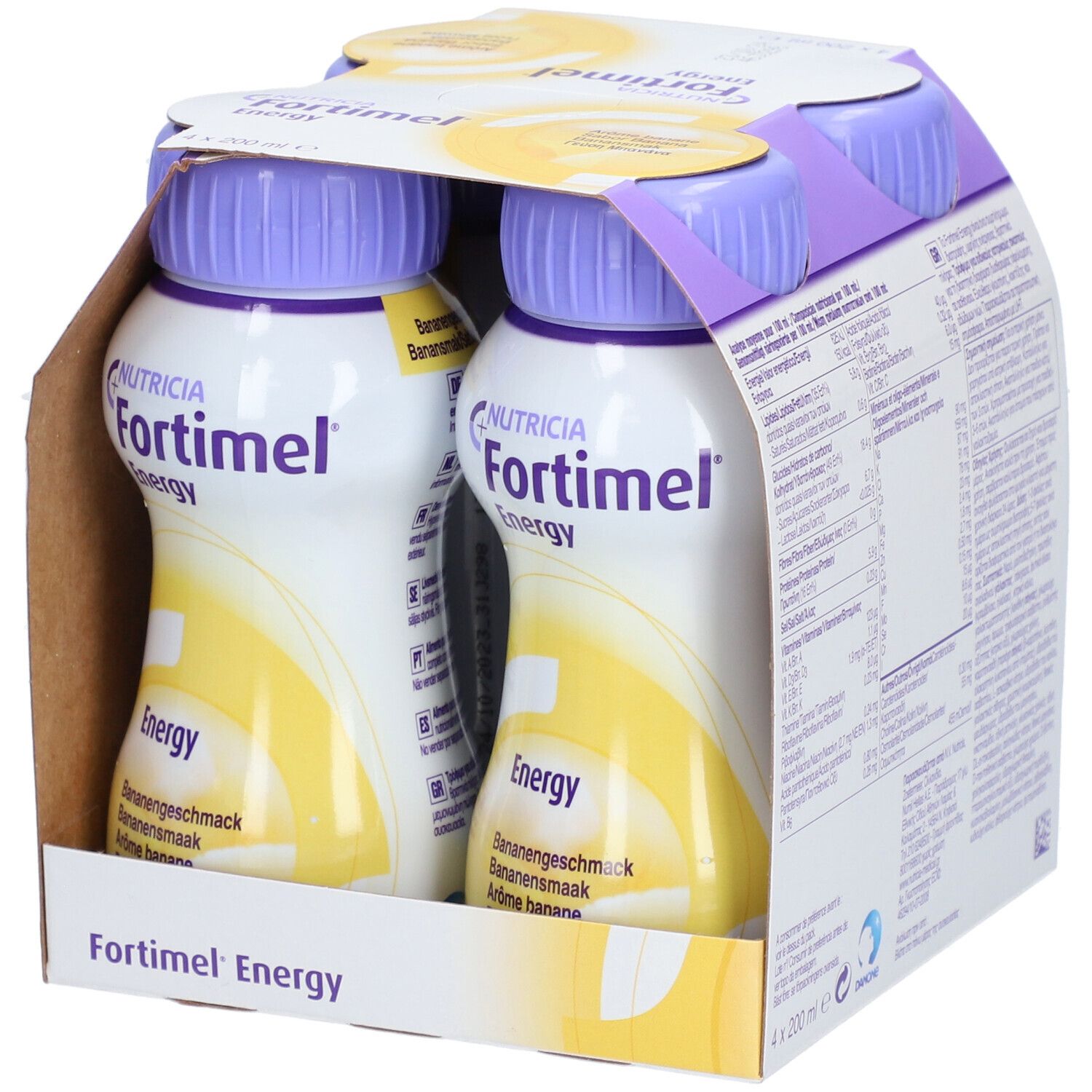 Emballage avec deux bouteilles Fortimel Energy Banane. Inscription : Nutricia, Energy, 300 kcal, 12g protéines.