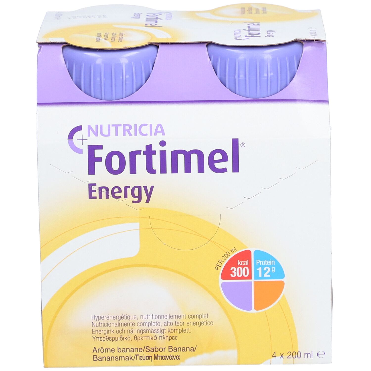 Emballage de quatre bouteilles Fortimel Energy Banane. Inscription : Nutricia, Energy, 300 kcal, 12g protéines.