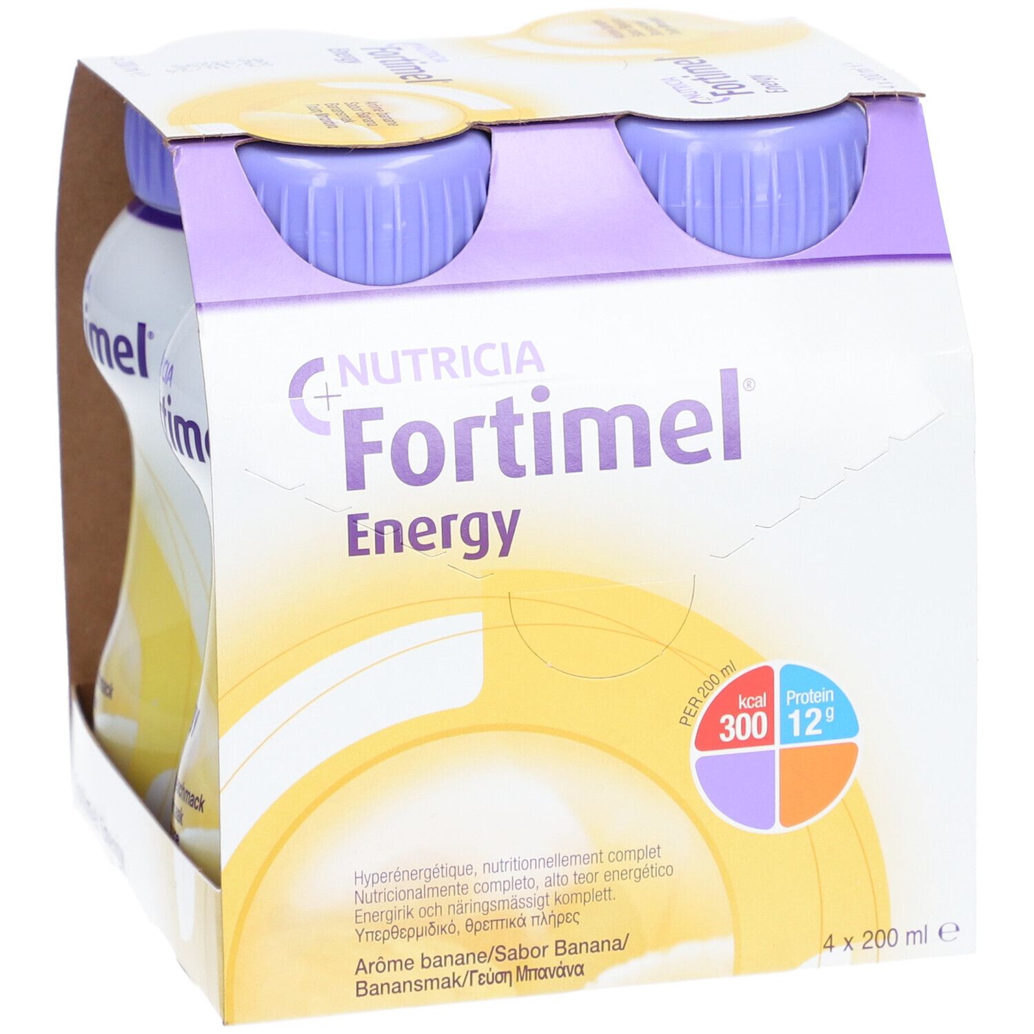 Emballage avec trois bouteilles Fortimel Energy Banane. Inscription : Nutricia, Energy, 300 kcal, 12g protéines.