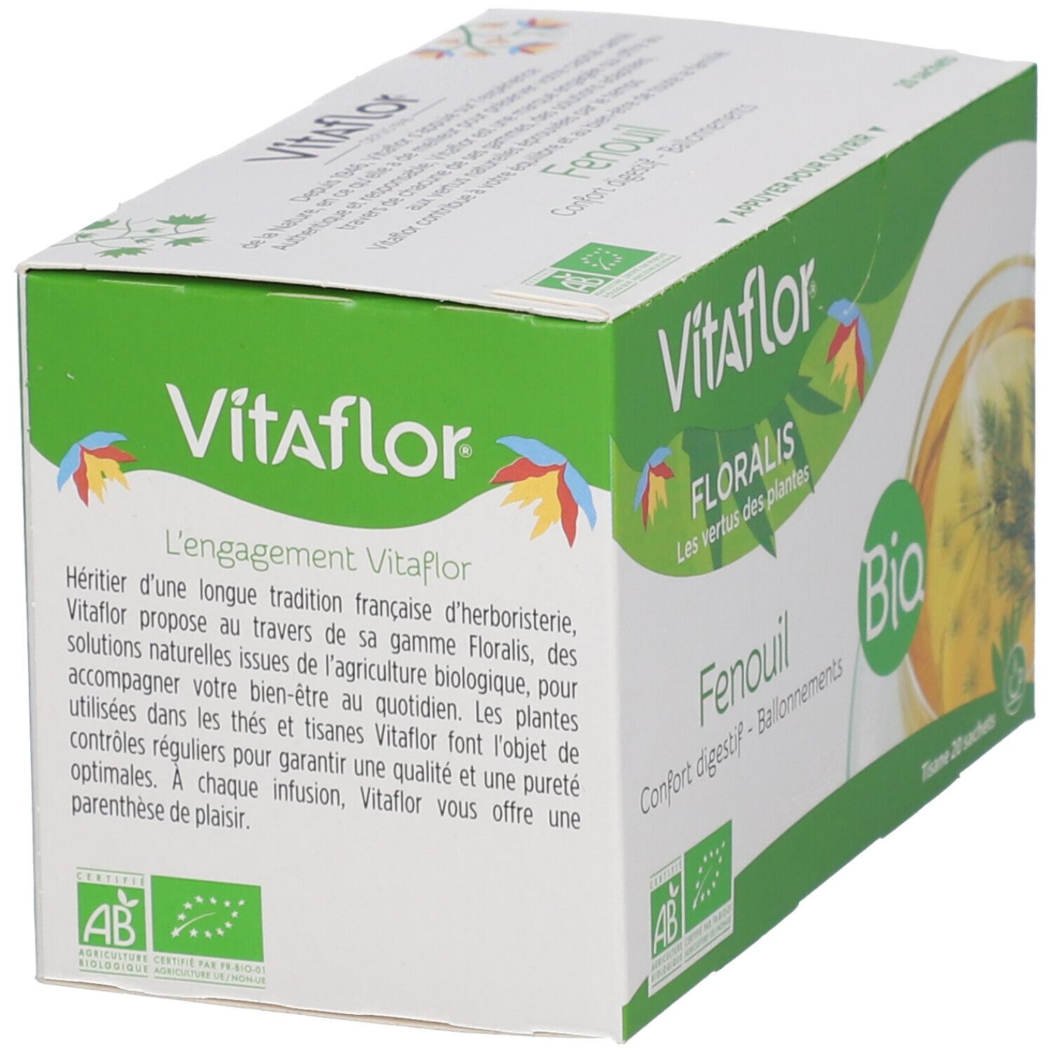 Boîte de thé Vitaflor Bio Fenchel. Vert et blanc, logo, texte et label bio. 20 sachets.