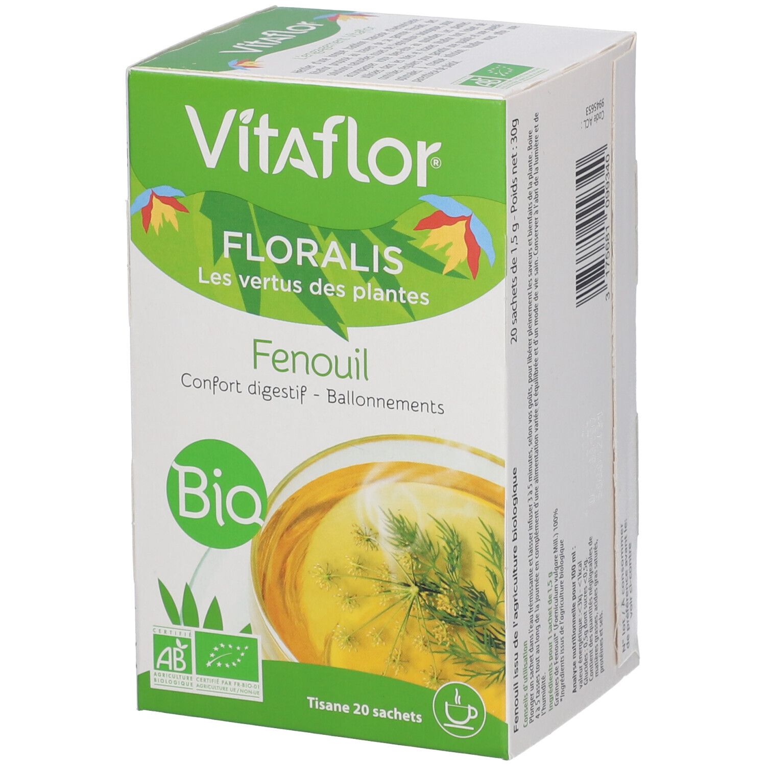 Boîte de thé Vitaflor Bio Fenchel. Vert et blanc, logo, texte et label bio. 20 sachets.