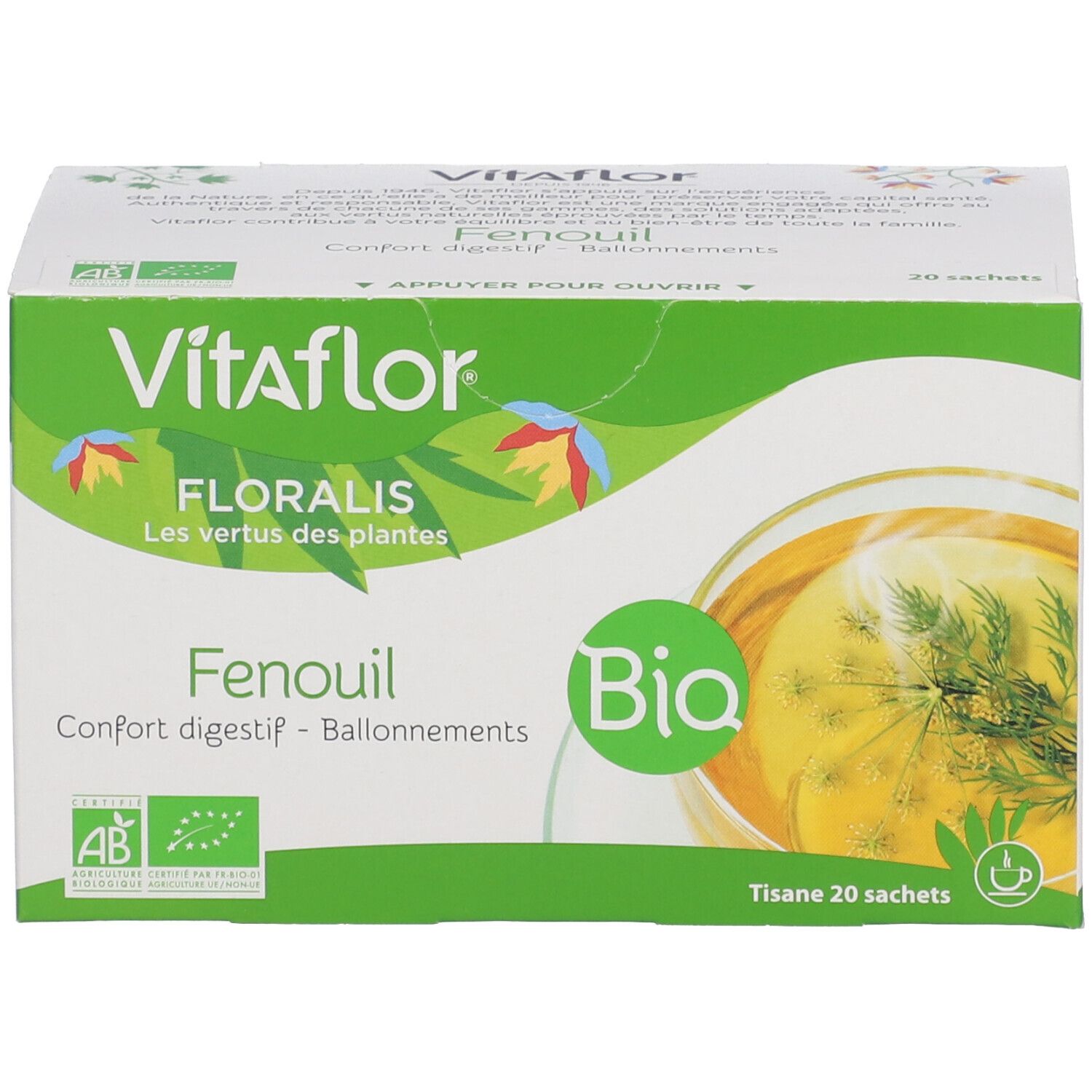 Boîte de thé Vitaflor Bio Fenchel. Vert et blanc, logo, texte et label bio. 20 sachets.