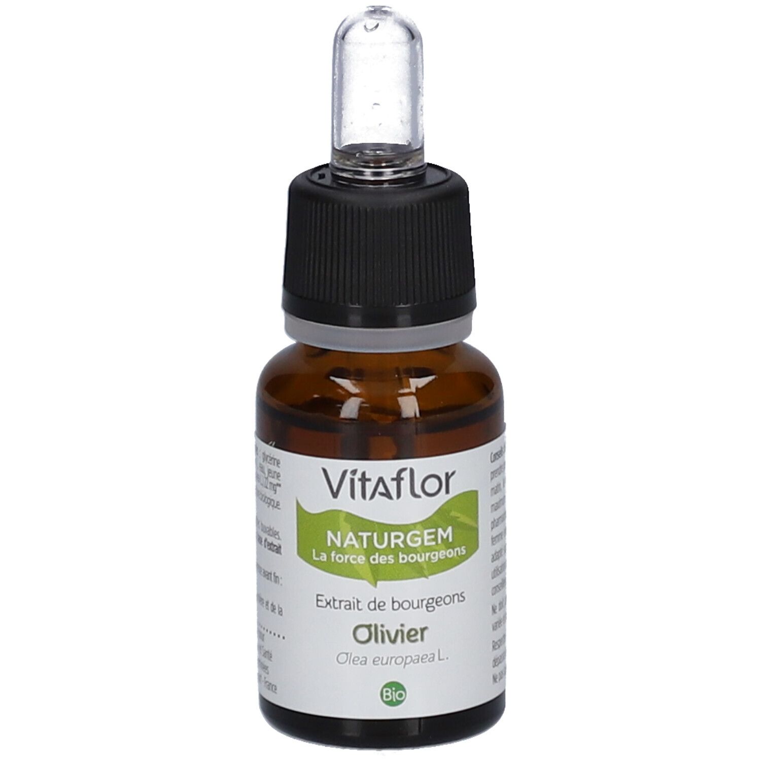Flacon en verre brun avec bouchon noir et pipette. Étiquette Vitaflor, NATURGEM, Olivier et label Bio.