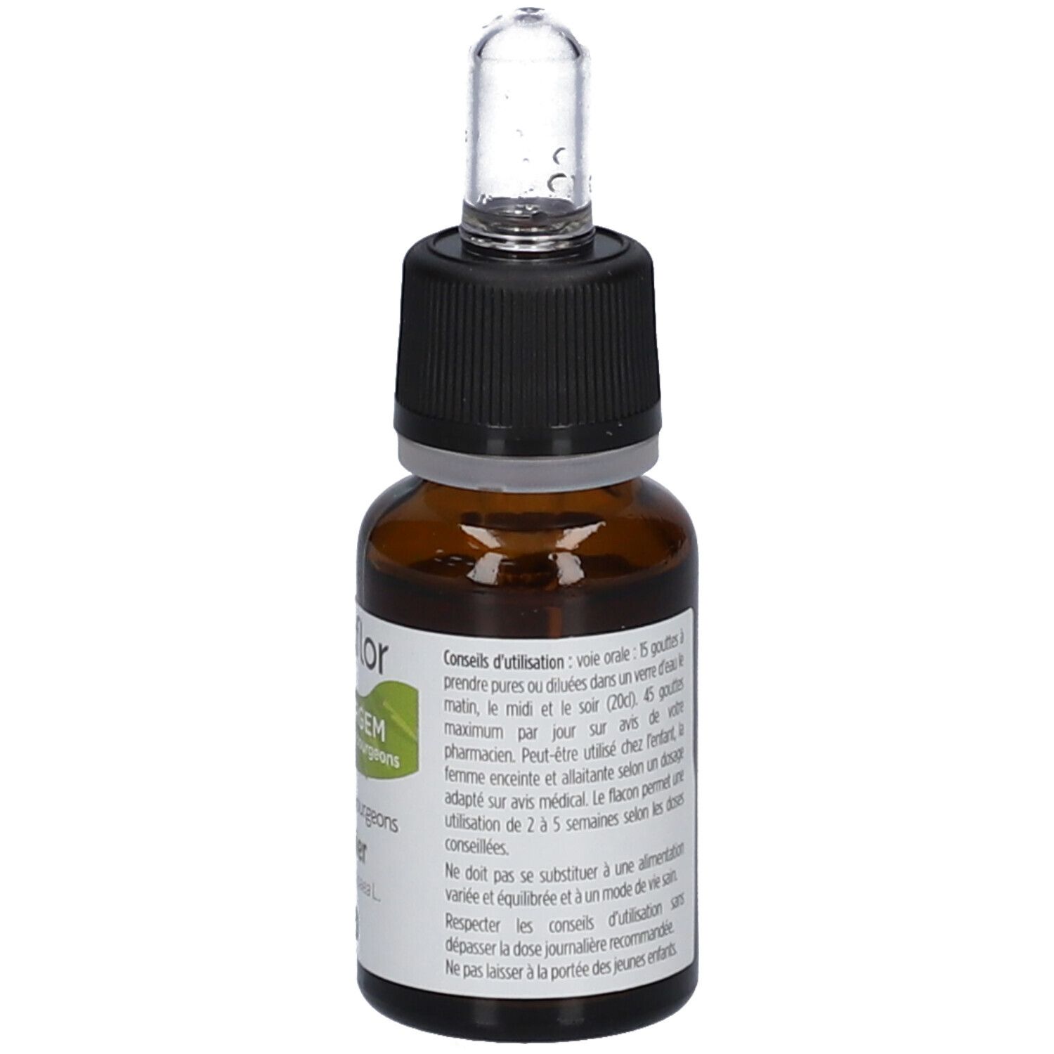 Flacon en verre brun avec étiquette. Recommandations de dosage et instructions d'utilisation.