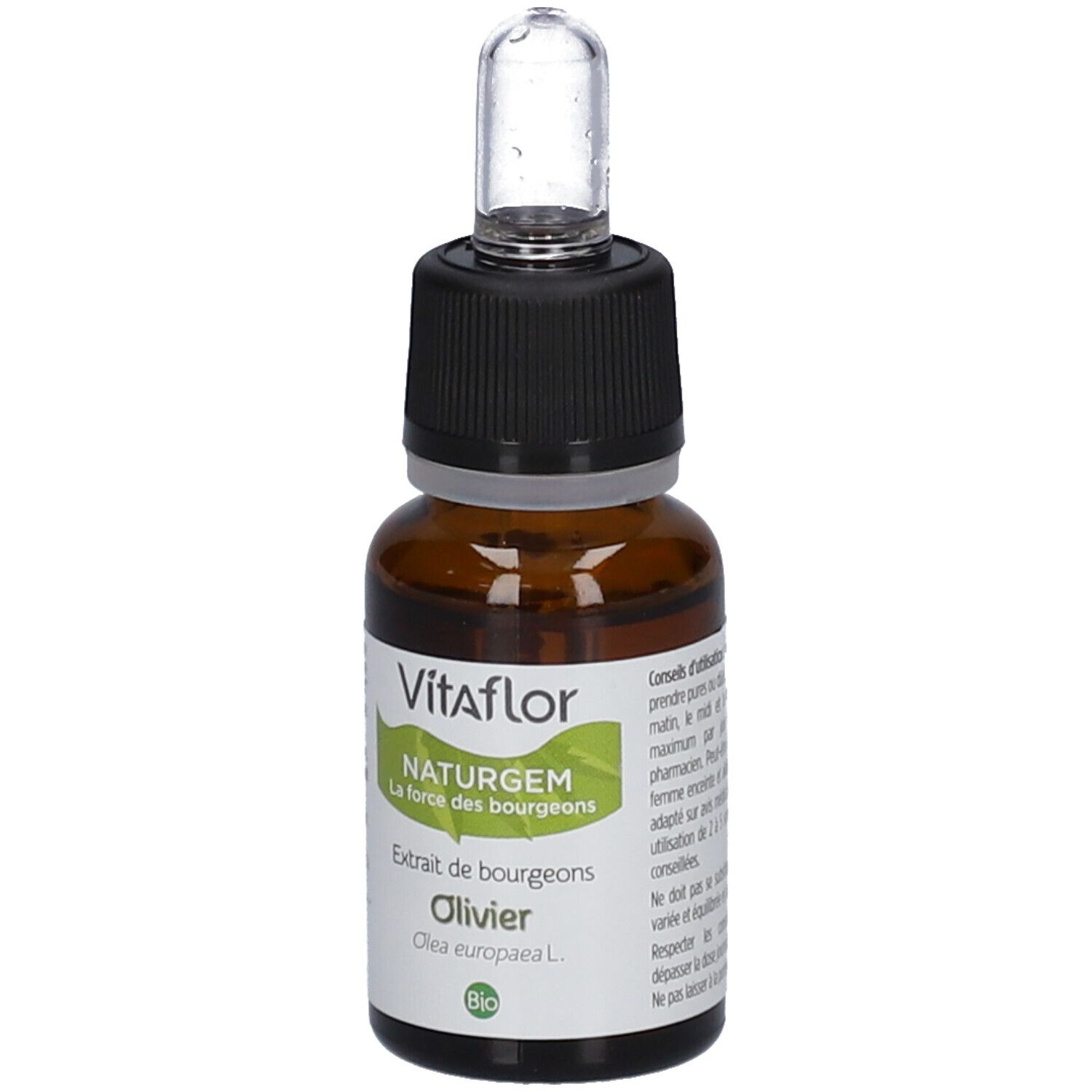 Flacon en verre brun avec bouchon noir et pipette. Étiquette Vitaflor, NATURGEM, Olivier et label Bio.
