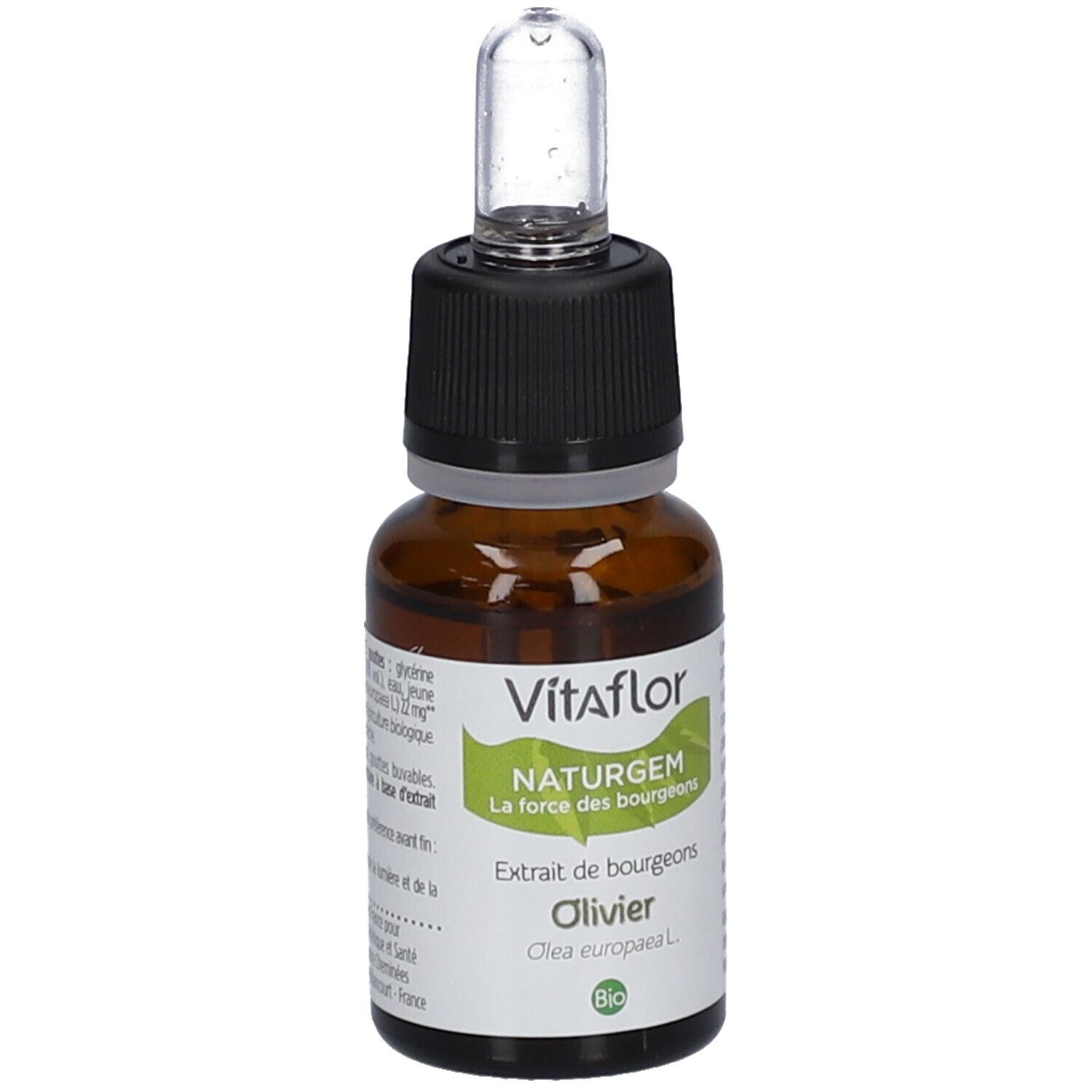 Flacon en verre brun avec bouchon noir et pipette. Étiquette Vitaflor, NATURGEM, Olivier et label Bio.