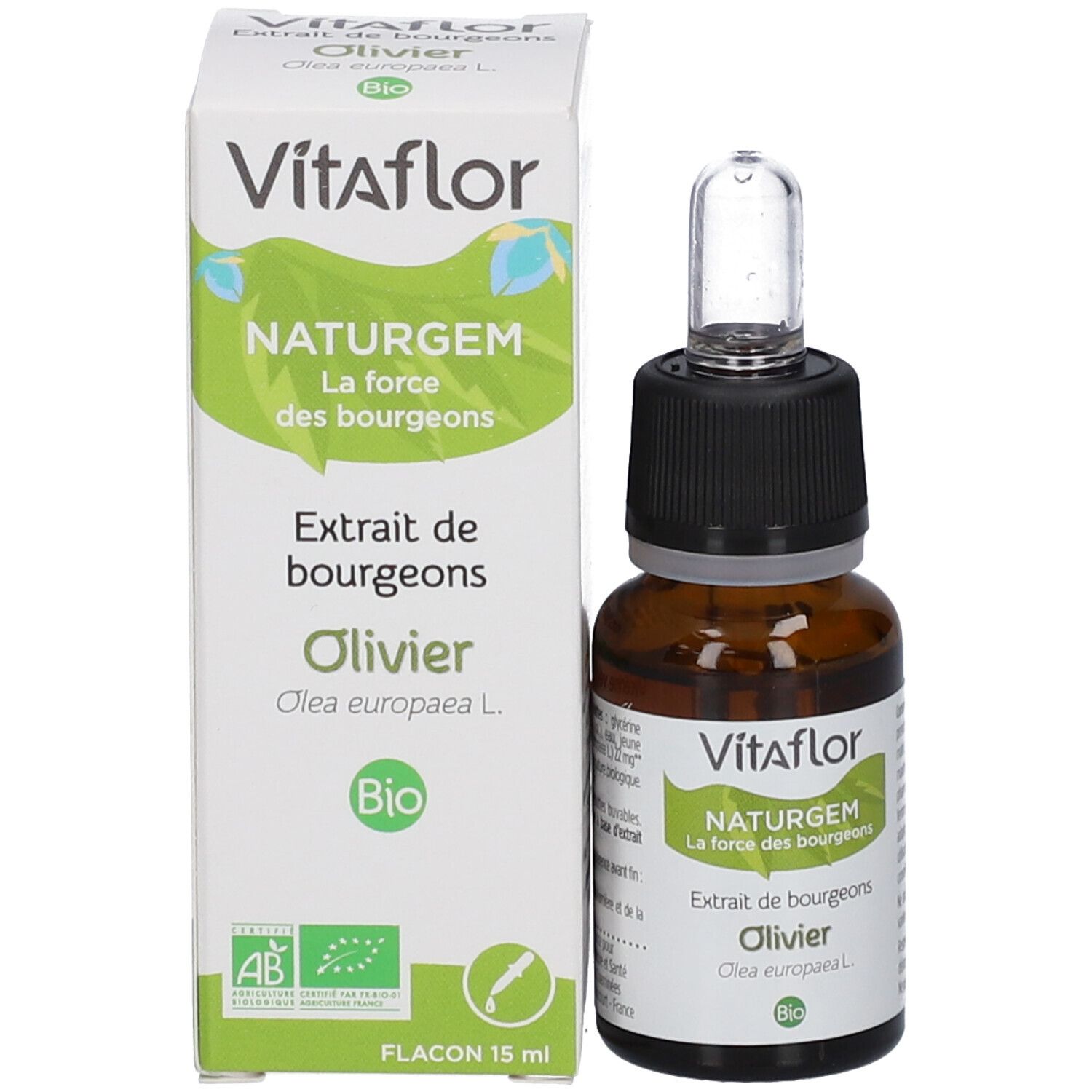 Flacon et emballage. Boîte blanche avec Vitaflor, NATURGEM, Olivier et label Bio. Flacon à côté.