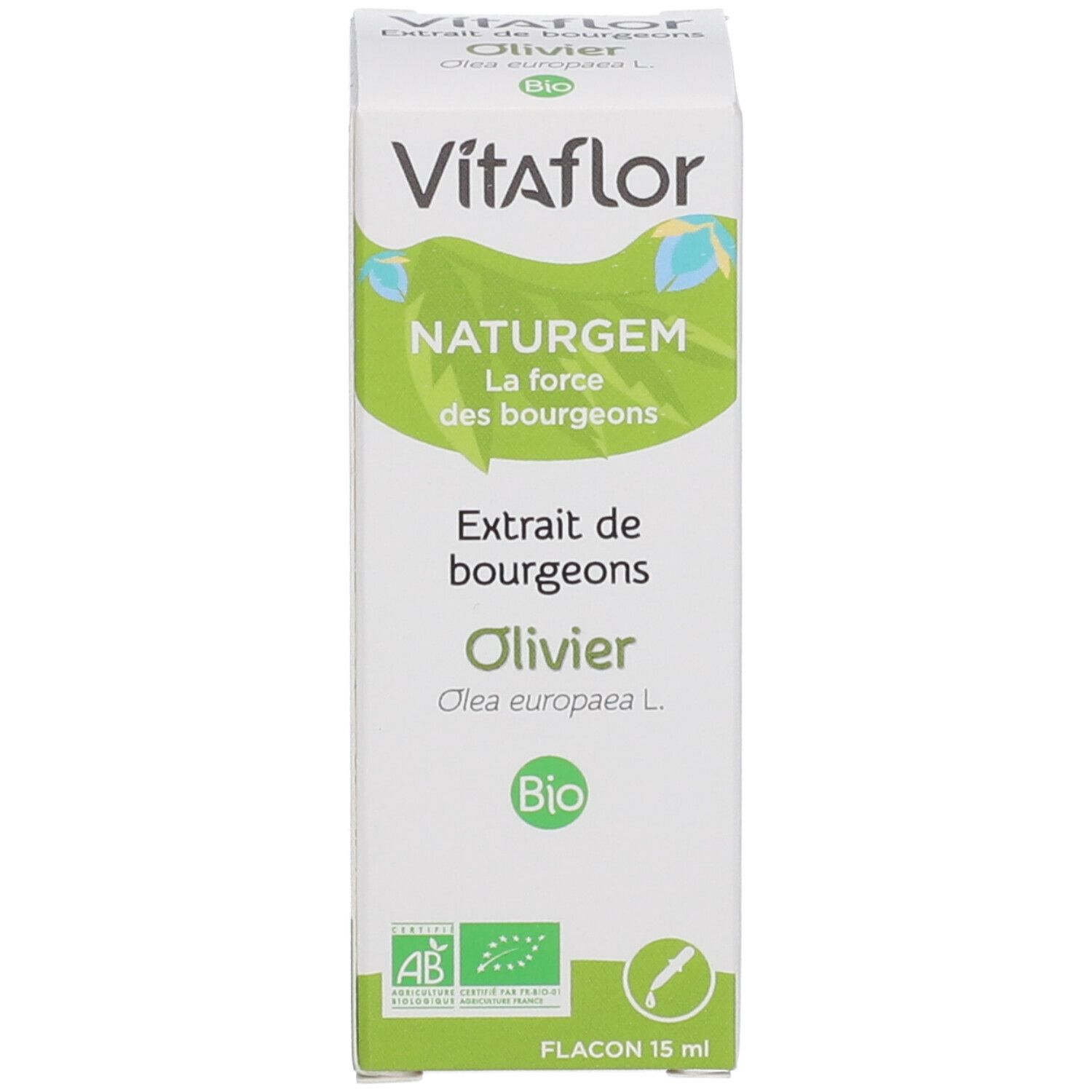Emballage blanc avec Vitaflor, NATURGEM, Olivier et label Bio. Flacon 15 ml.