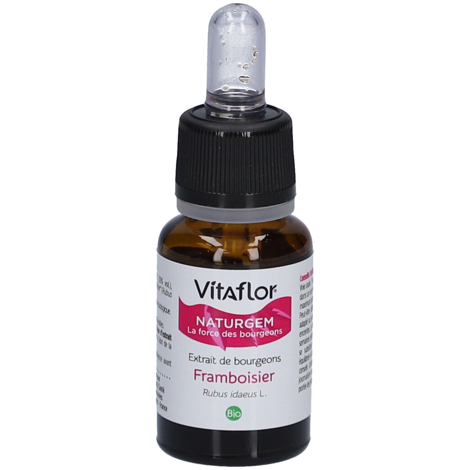 Flacon en verre brun avec bouchon noir et pipette. Étiquette avec nom du produit et label bio. Flacon compte-gouttes.