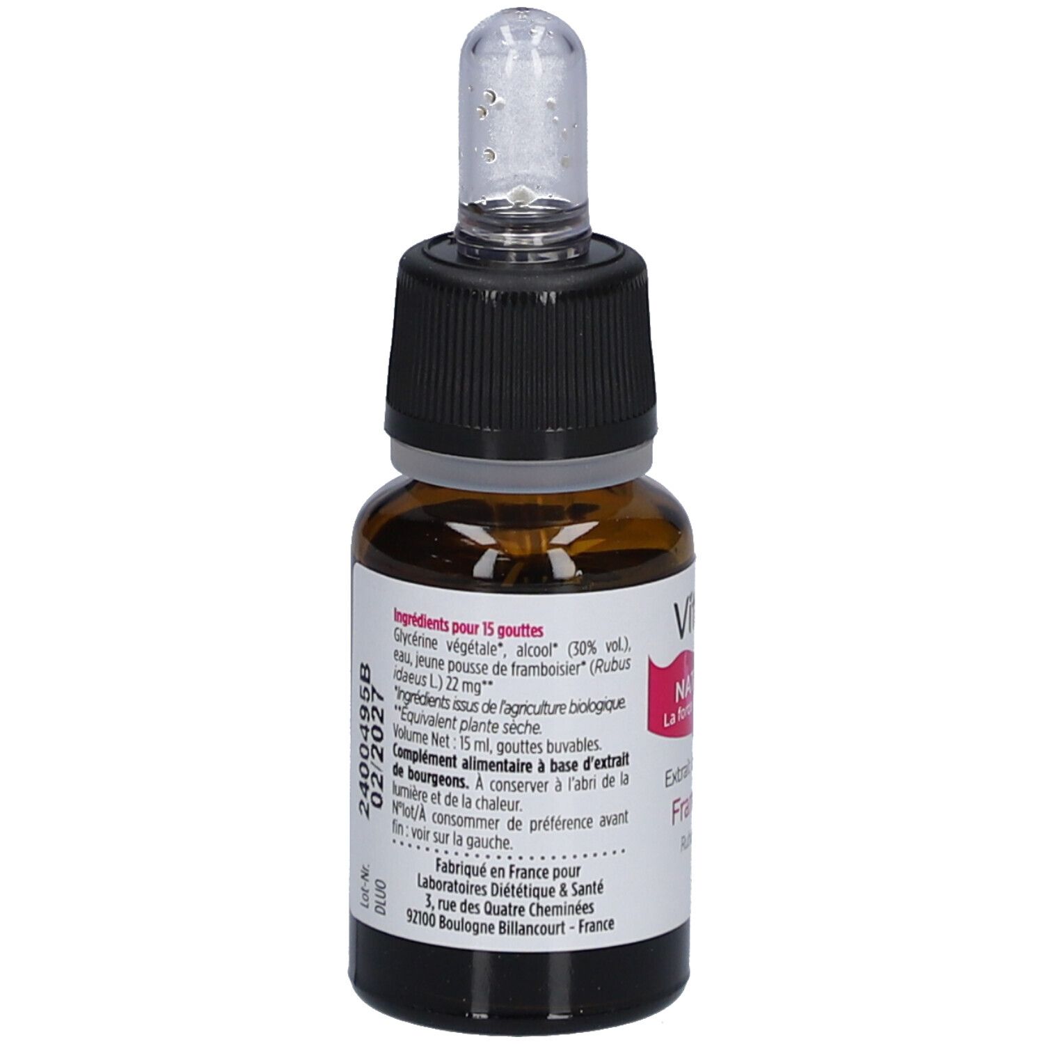 Flacon en verre brun avec bouchon noir et pipette. Étiquette avec ingrédients et label bio. Flacon compte-gouttes.