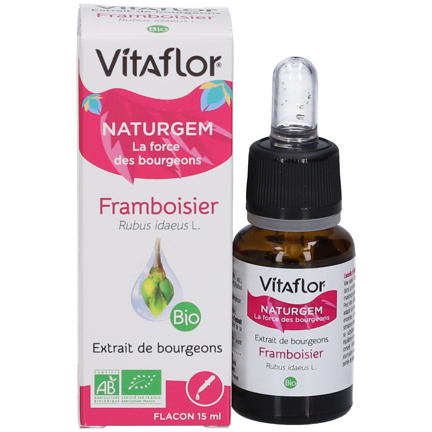 Emballage et flacon. Boîte blanche avec nom du produit et label bio. Flacon compte-gouttes brun.