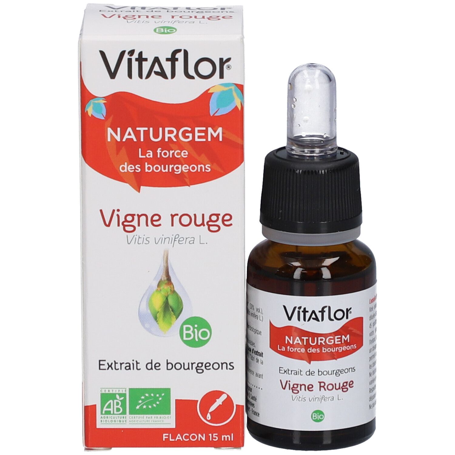Emballage et flacon. Boîte blanche avec Vitaflor, NaturGem, Vigne Rouge et label Bio. Flacon brun.