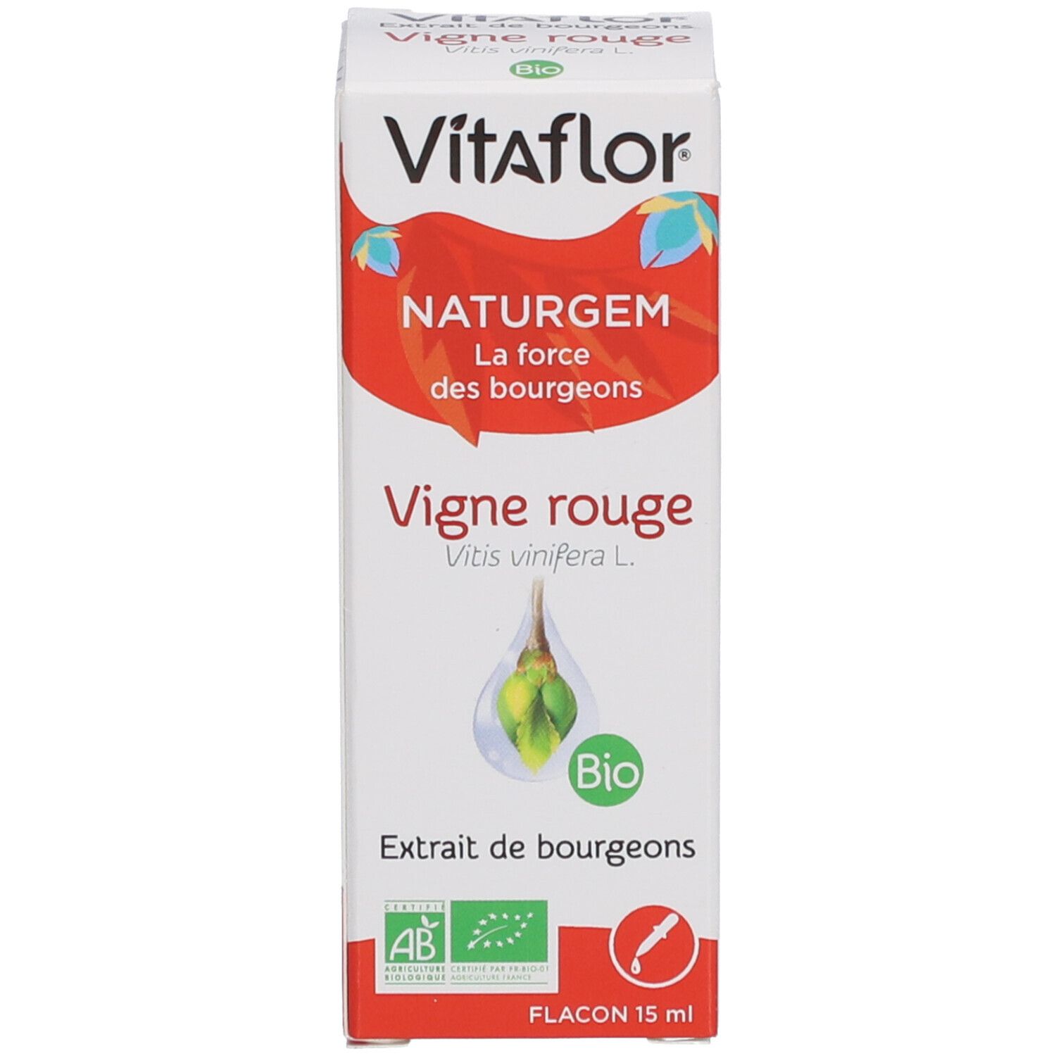 Boîte blanche avec Vitaflor, NaturGem, Vigne Rouge et label Bio. Flacon 15 ml.