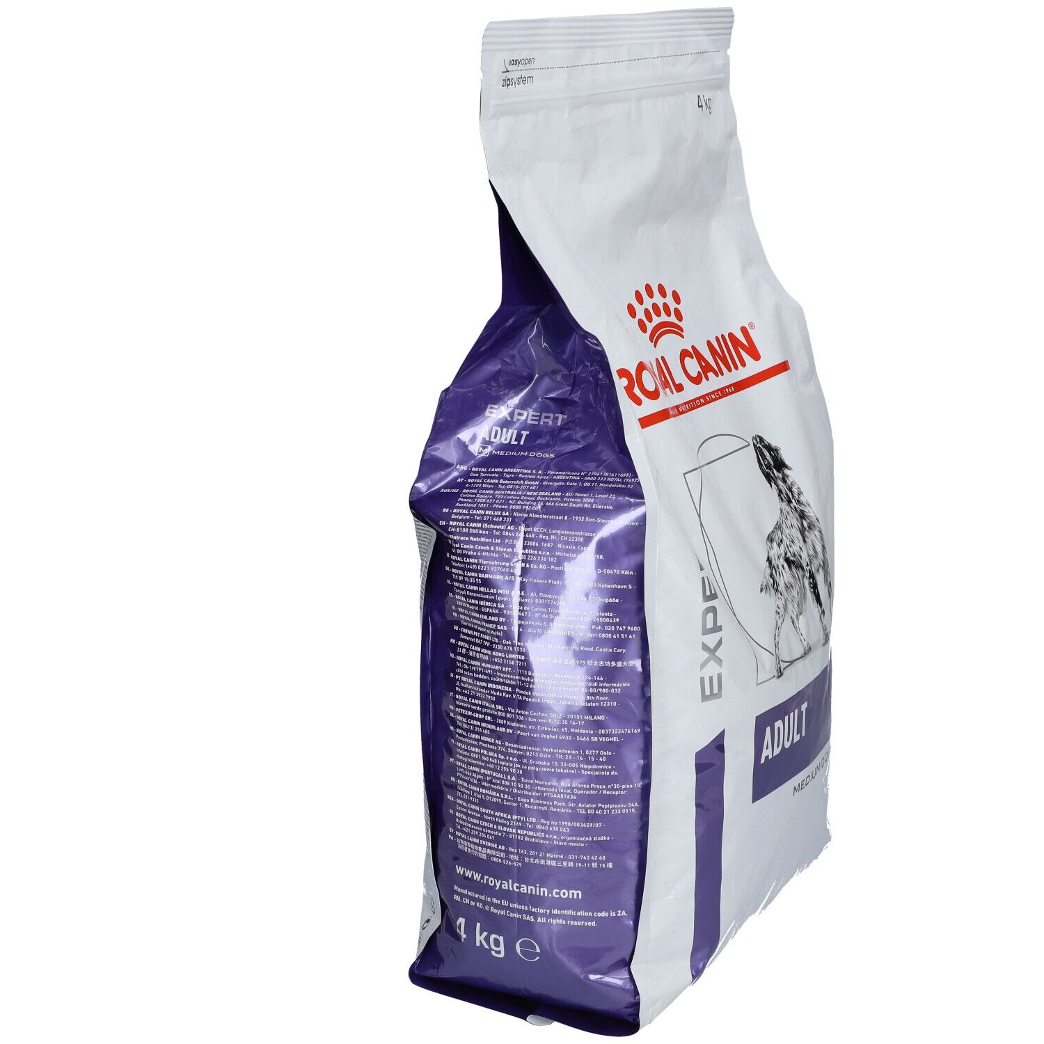 Sac blanc ROYAL CANIN, partiellement transparent. Inscription: ADULT. Contient 1 kg. Dos avec texte.