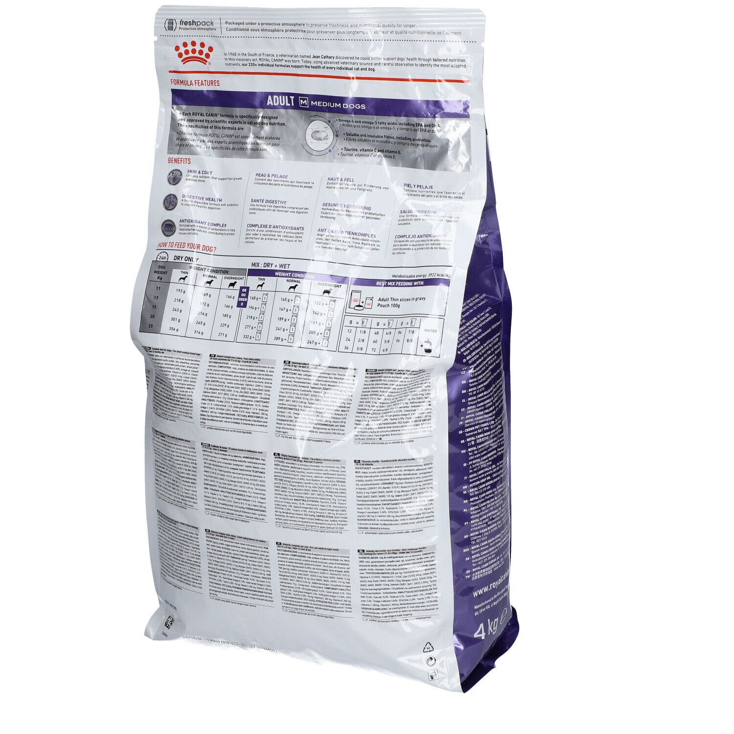 Dos d'un sac ROYAL CANIN. Texte et graphiques sur fond transparent. Inscription: ADULT, MEDIUM DOGS.