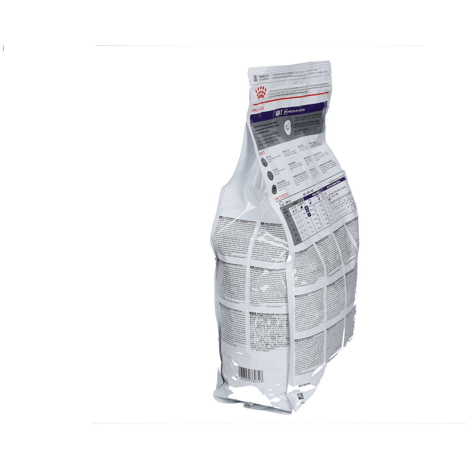 Dos d'un sac ROYAL CANIN. Texte et graphiques sur fond transparent. Inscription: ADULT, MEDIUM DOGS.