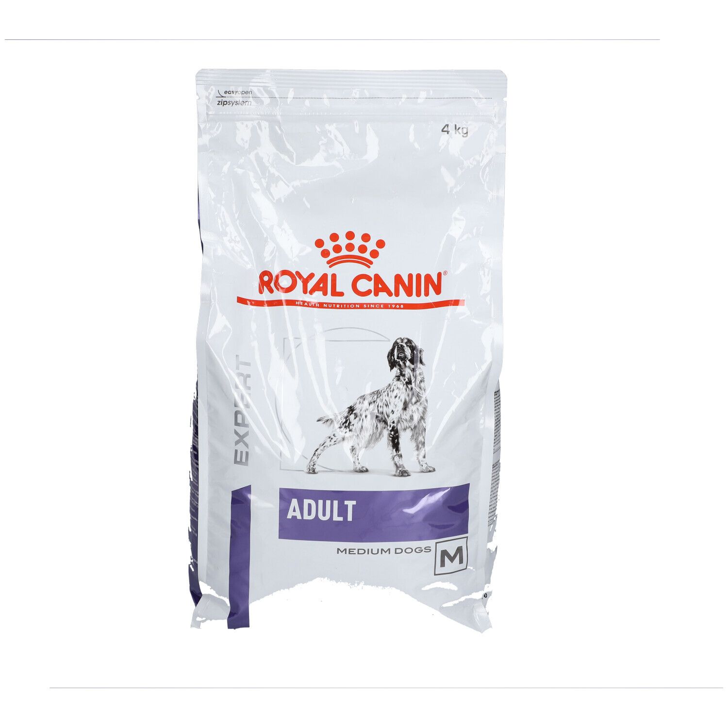 Sac blanc ROYAL CANIN avec logo et image de chien. Inscription: ADULT, MEDIUM DOGS, M. Contient 4 kg.