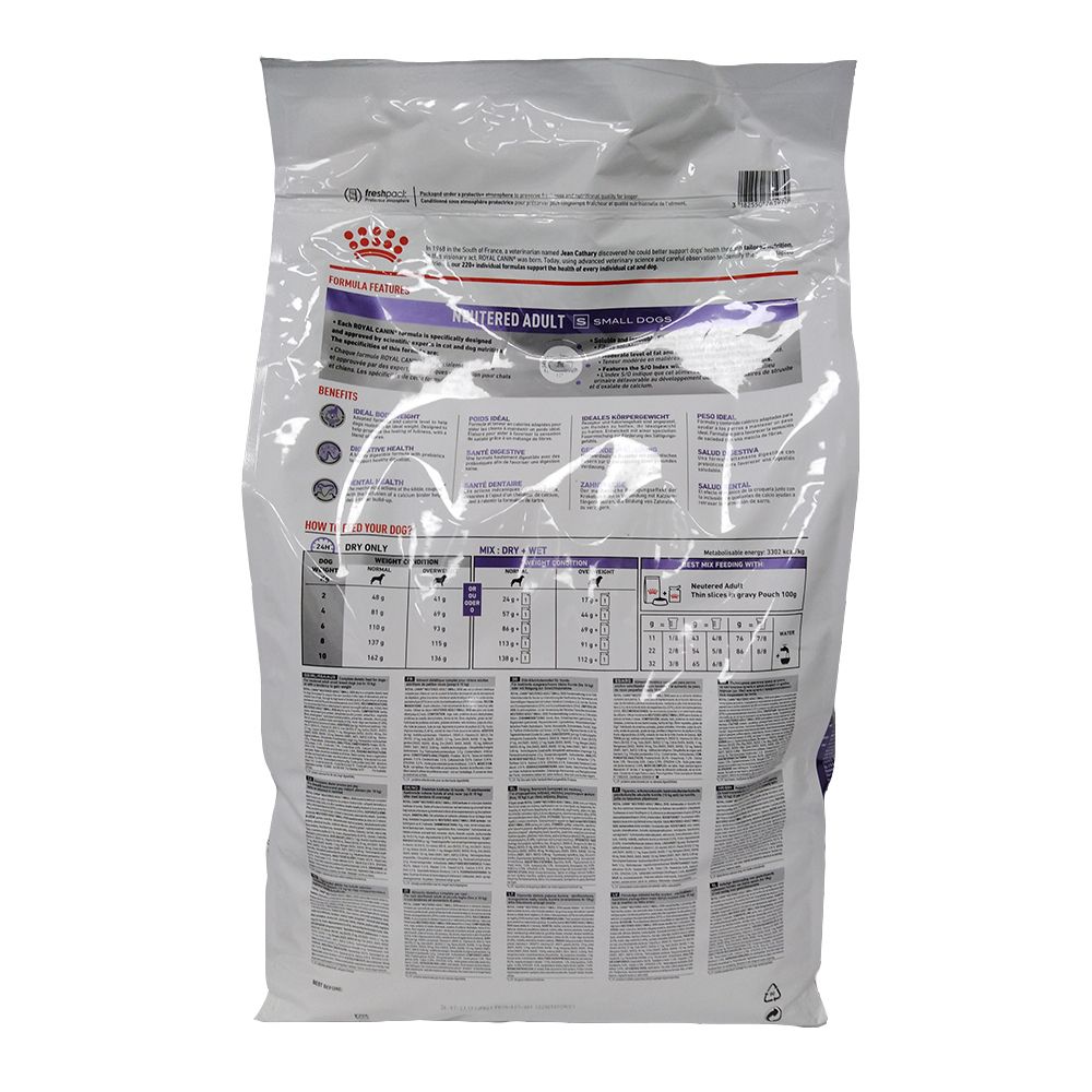 Dos du sac Royal Canin® Neutered Adult Weight & Dental Chien de petite race. Texte, tableaux et logo.