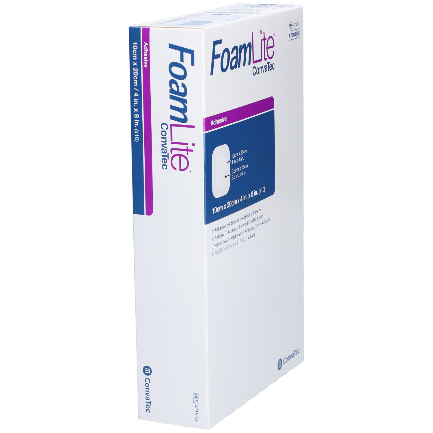 Boîte de FoamLite, ConvaTec. Pansement hydrocellulaire, 10x20cm. Inscription : stérile, adhésif. Blanc, bleu, violet.